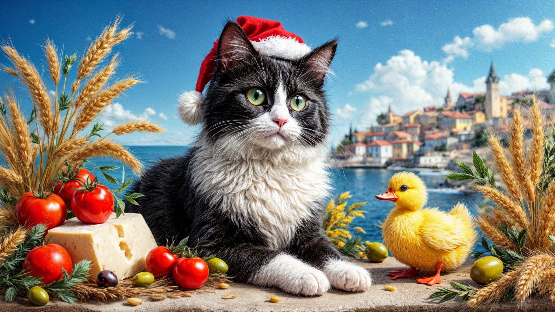 Fluffy Cat in Santa Hat with Seaside and Festive Elements