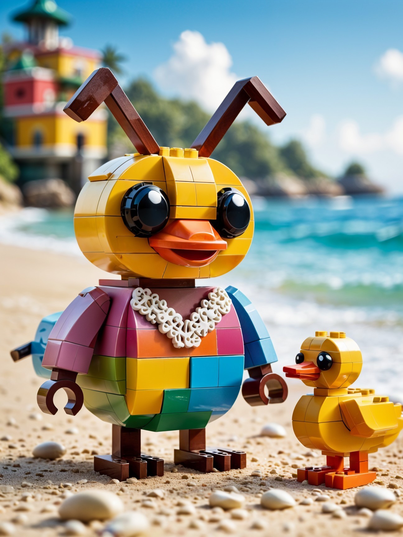Colorful LEGO Bird and Duckling on Sunny Beach