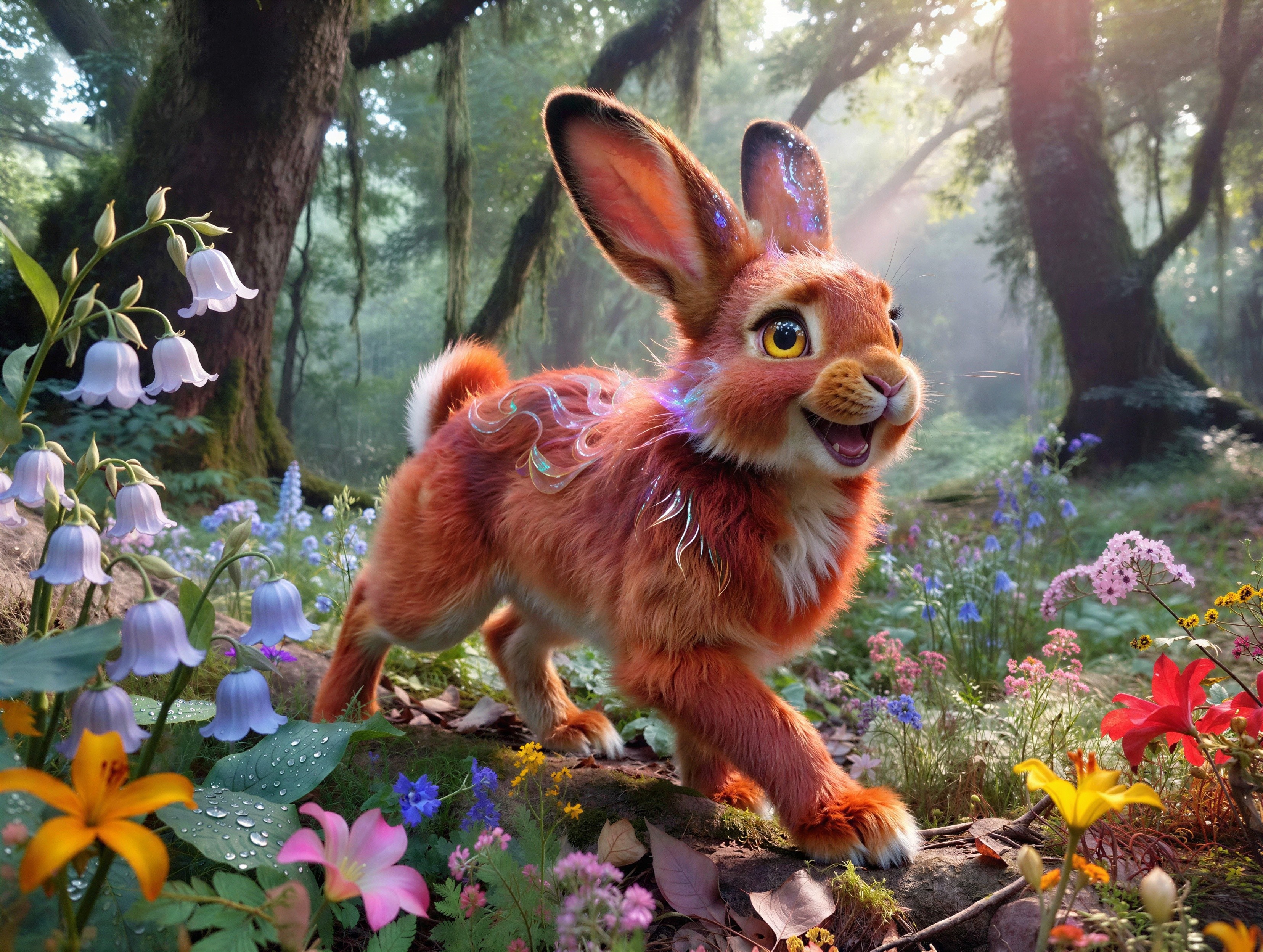 Vibrant orange bunny in a colorful magical forest