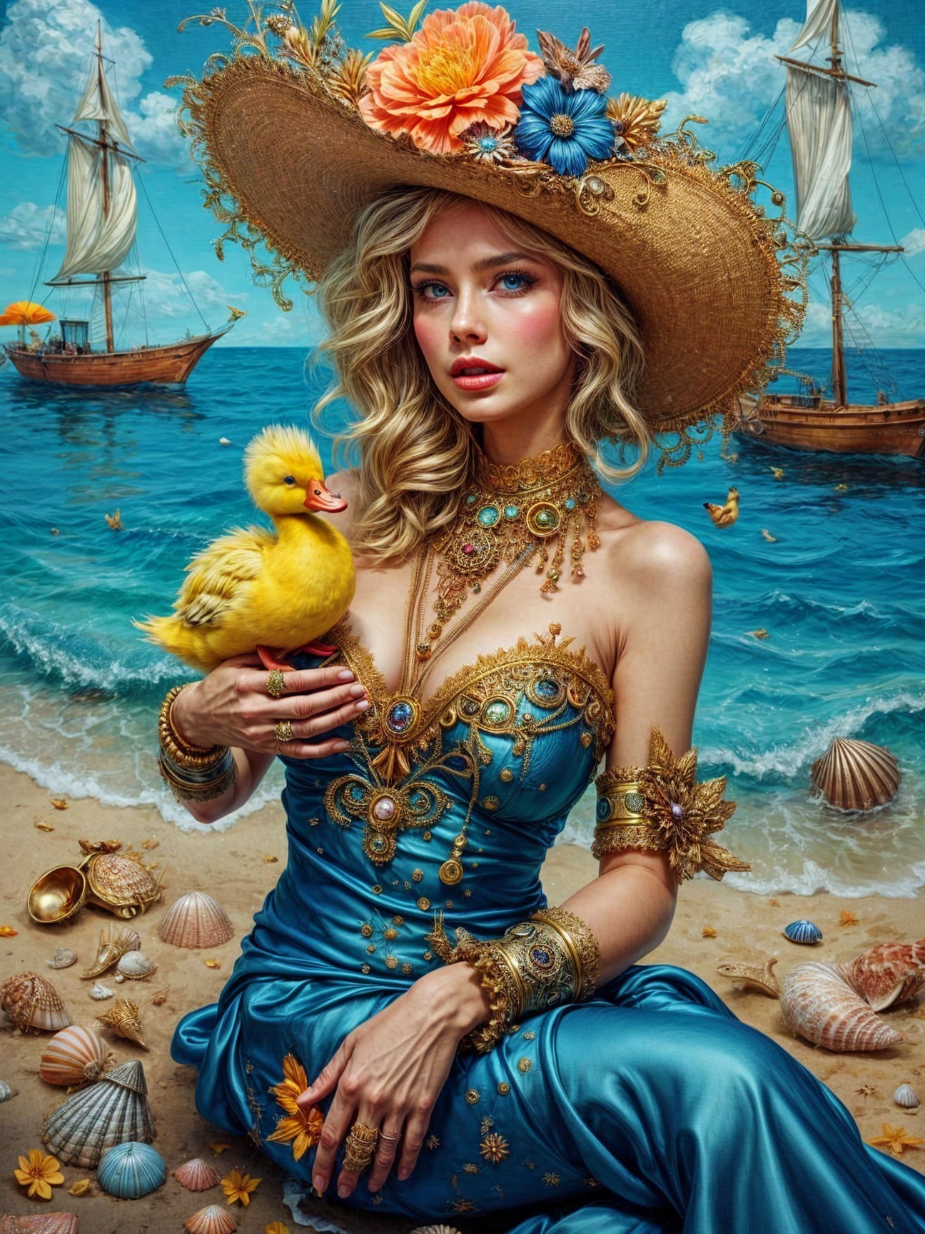 Blonde Woman in Blue Dress by Serene Beach Scene