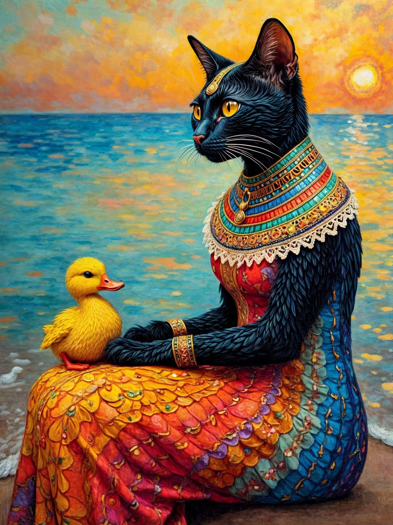 Black Cat in Traditional Attire by Ocean at Sunset