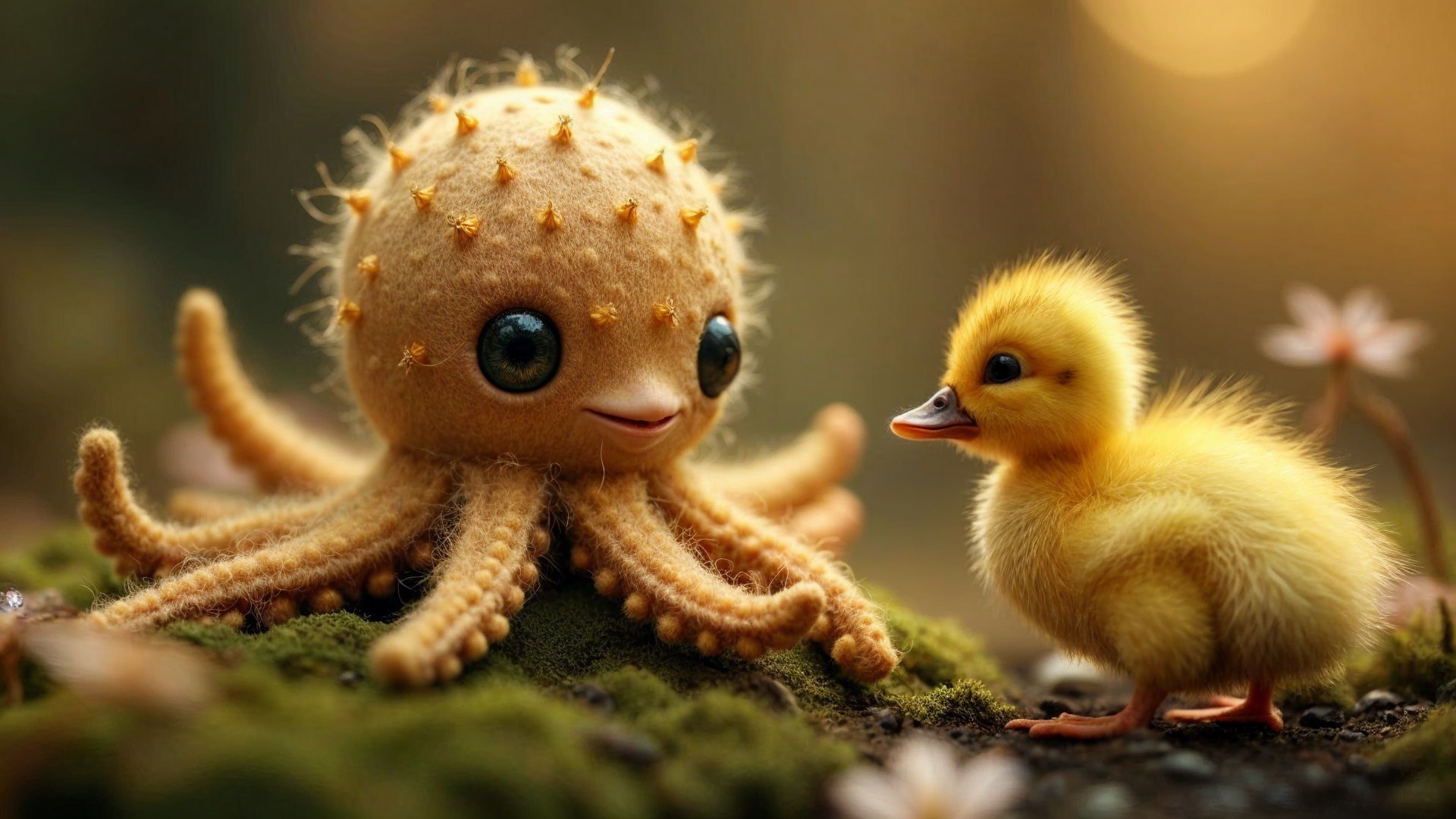 Whimsical Octopus and Duckling in a Magical Setting