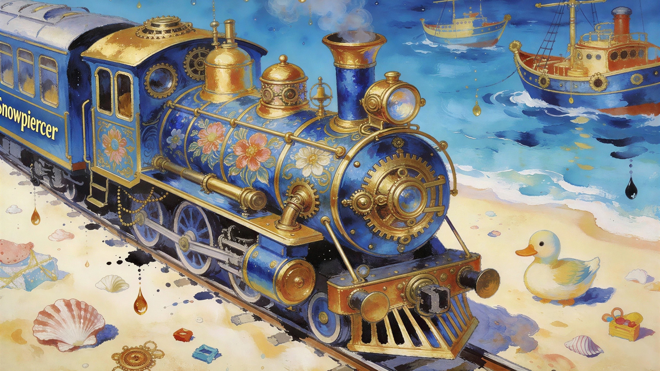 Intricate Steampunk Watercolor of Train and Beach Scene