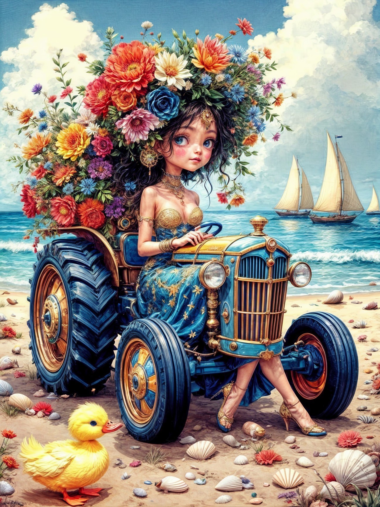 Whimsical Beach Scene with Girl and Duck on Tractor