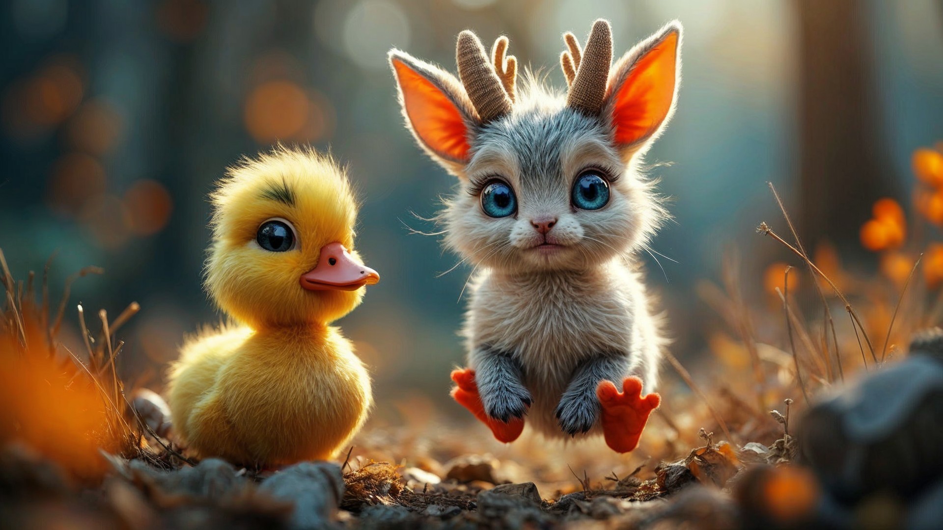 Charming Duckling and Fluffy Creature in Autumn Forest