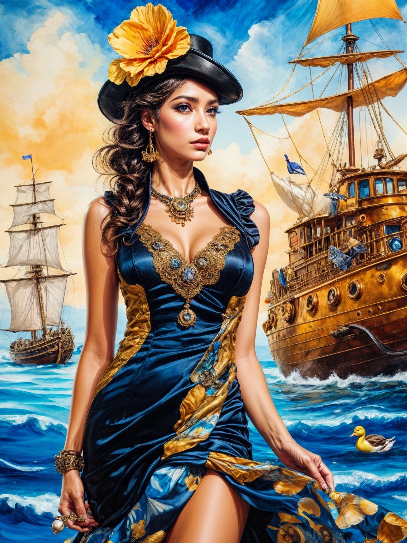 Elegant Woman in Blue Gown by Vibrant Seascape