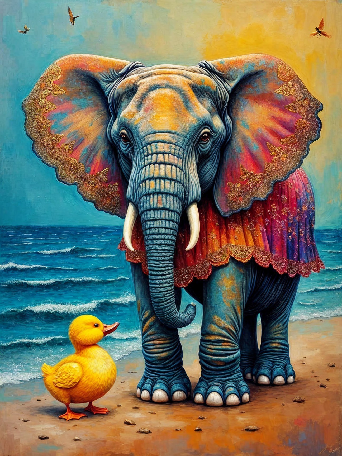 Vibrant Blue Elephant and Yellow Duck on Beach Scene