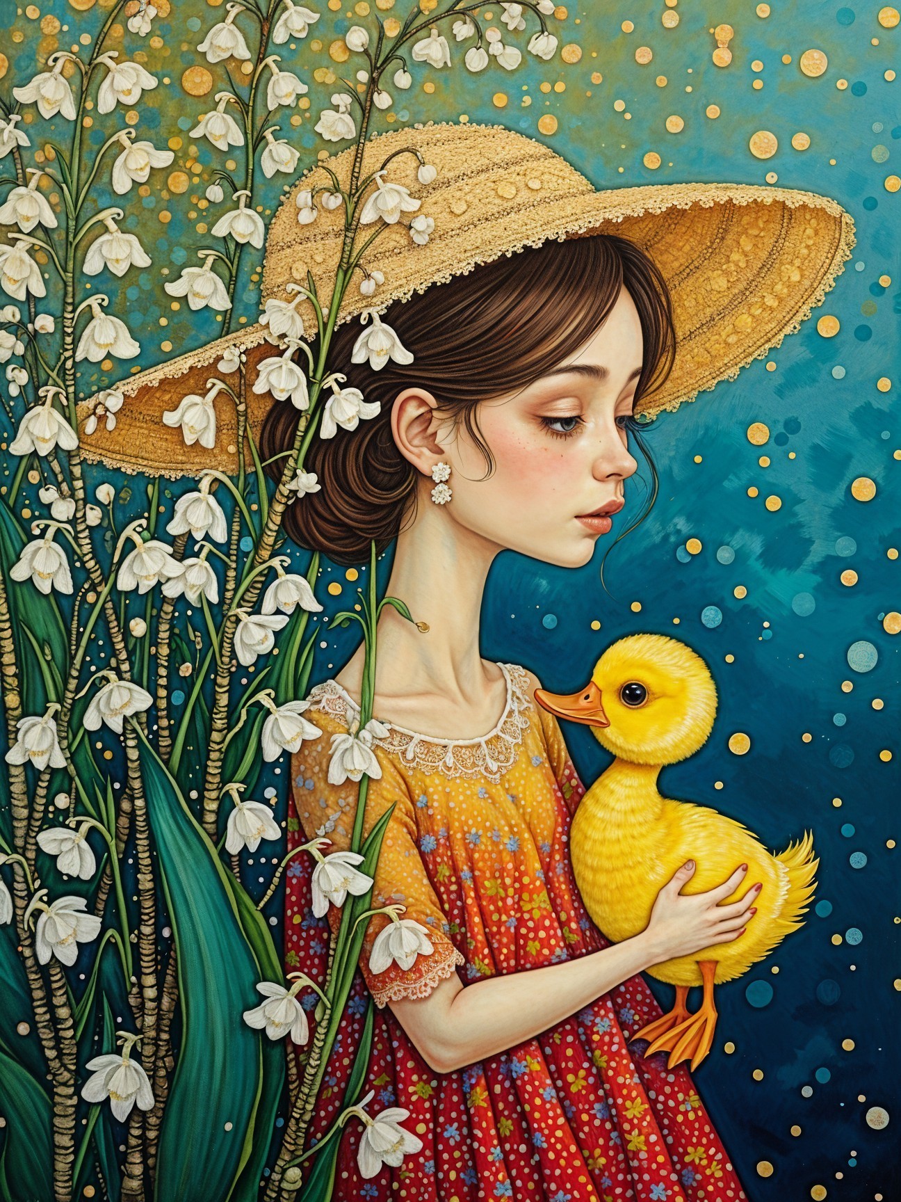 Young girl with duckling in floral setting
