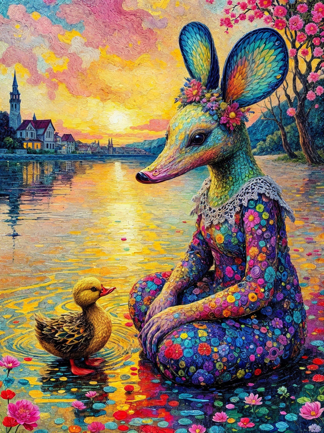 Whimsical Deer-Headed Animal by Tranquil Sunset Lake
