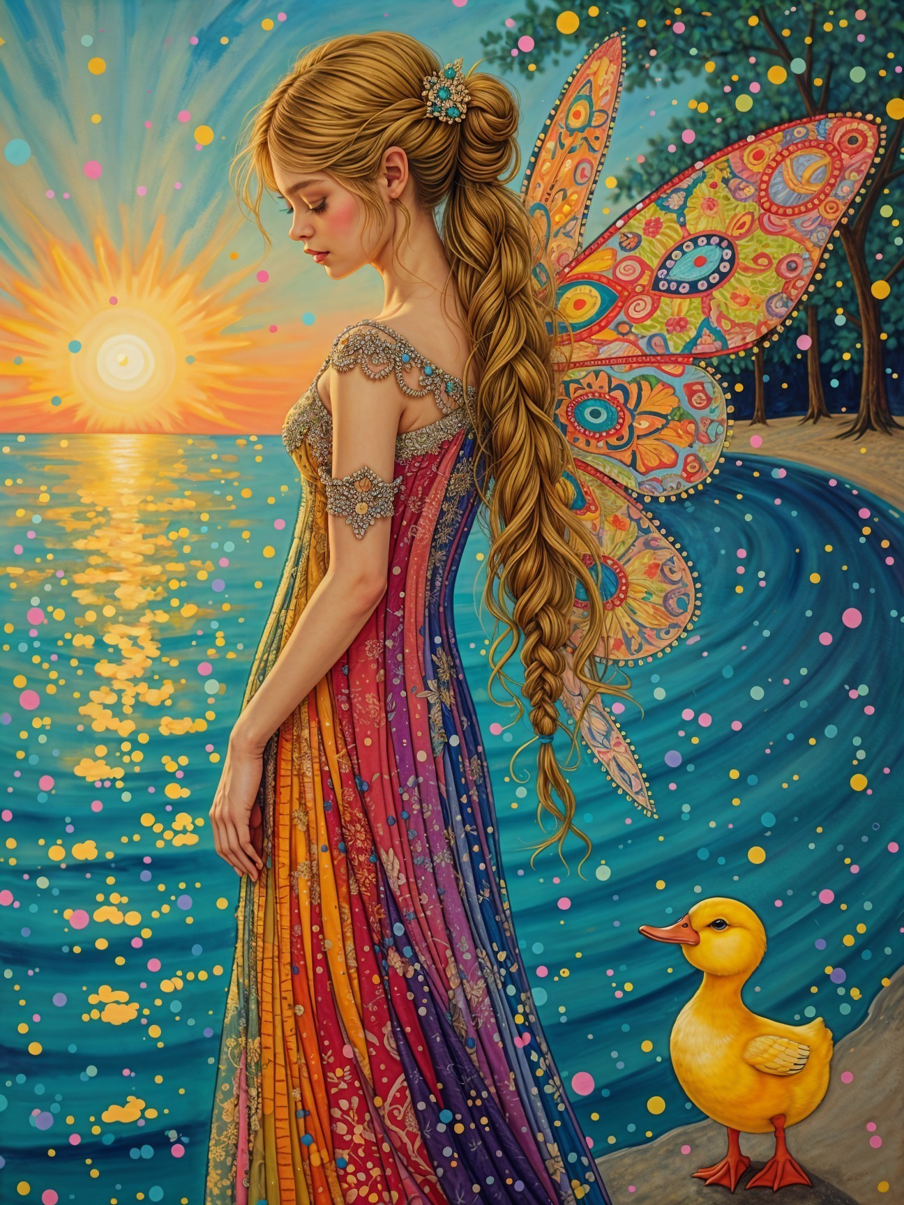 Young woman with butterfly wings by vibrant water