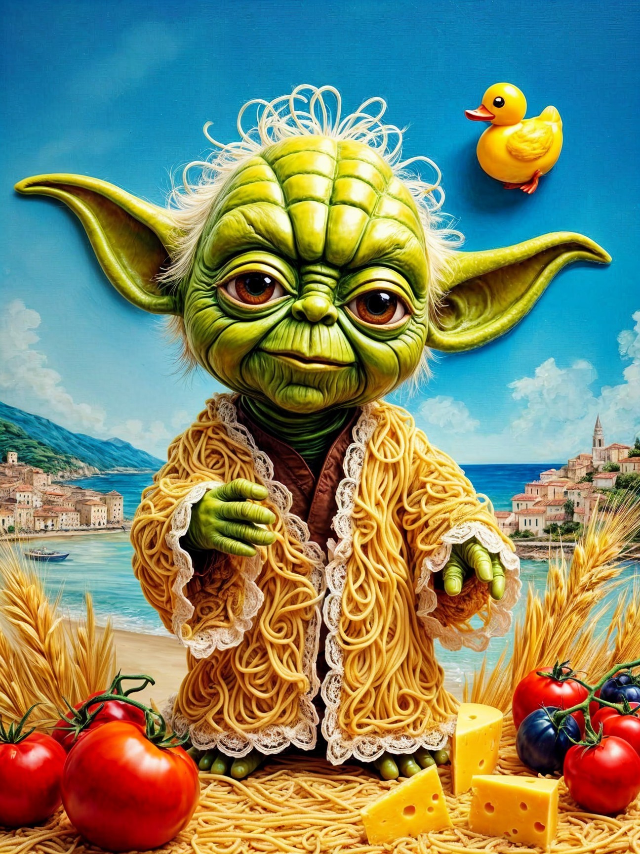 Cartoonish Wise Creature in Vibrant Coastal Landscape