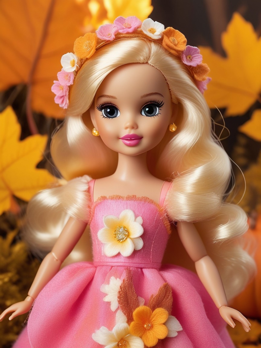 Styled Doll with Floral Crown and Autumn Background