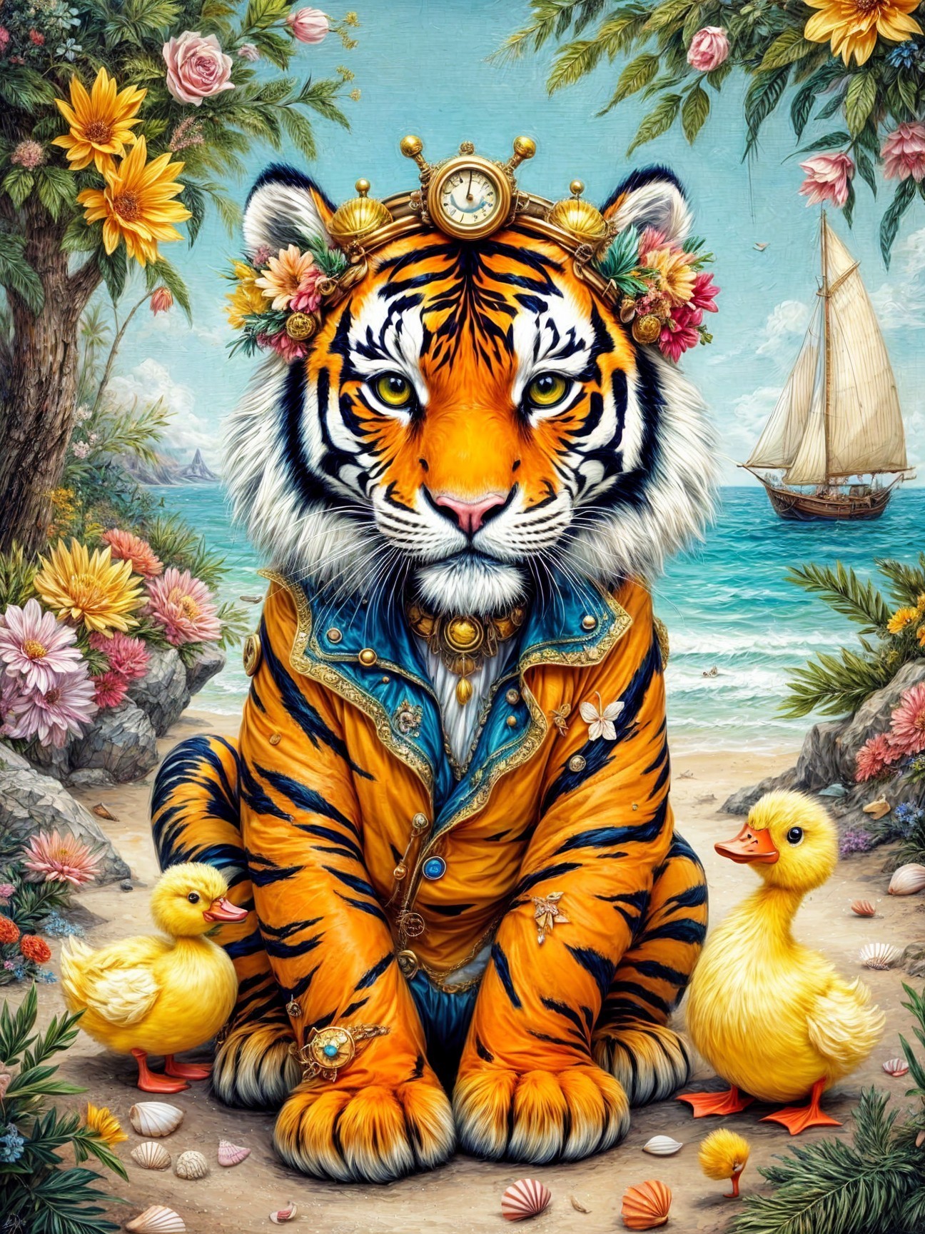 Tiger on Beach with Ducklings and Vibrant Flowers