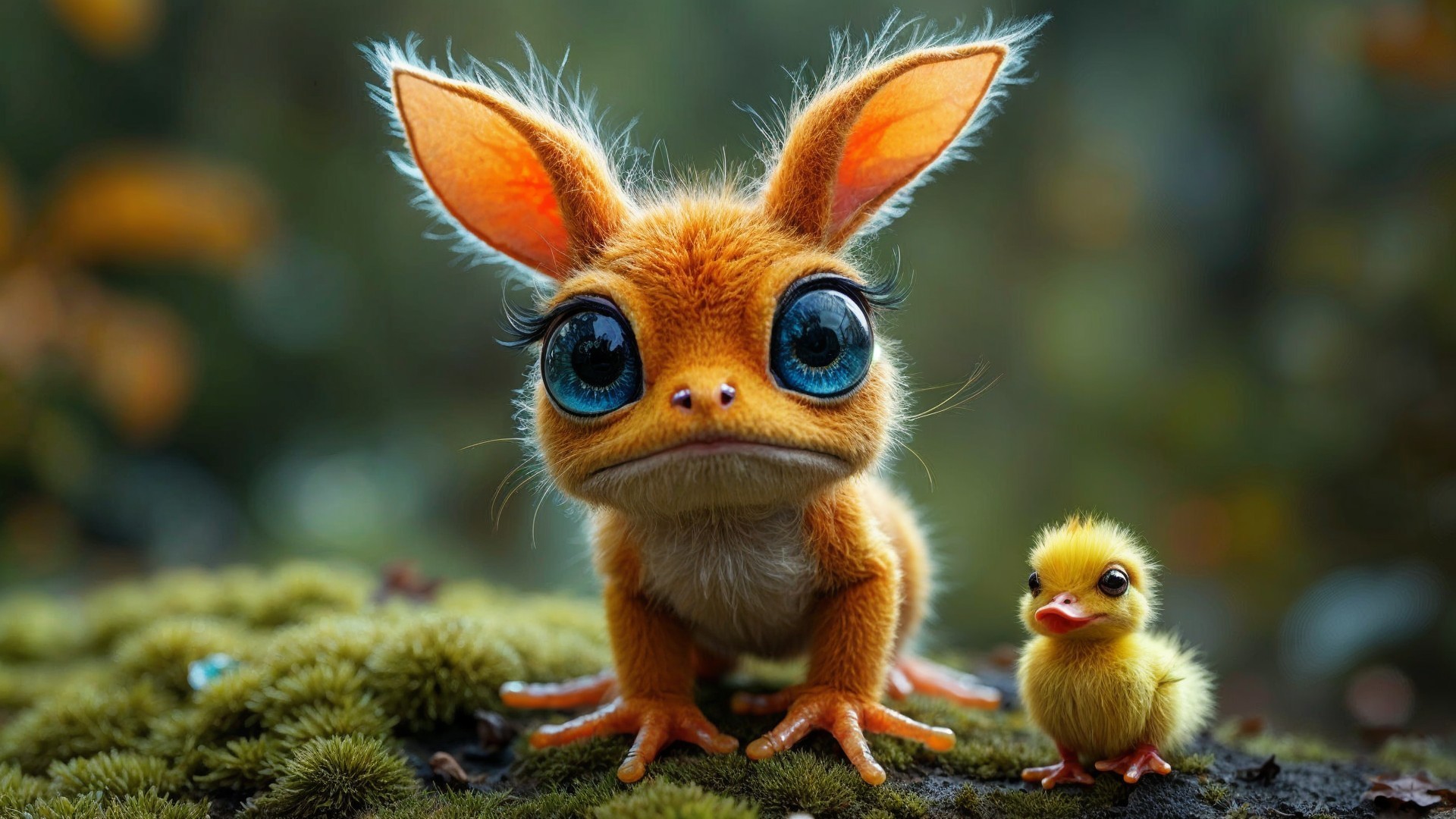 Whimsical Cartoon Creature with Fluffy Yellow Chick