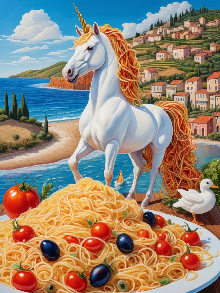 Whimsical Unicorn and Scenic Coastal Landscape