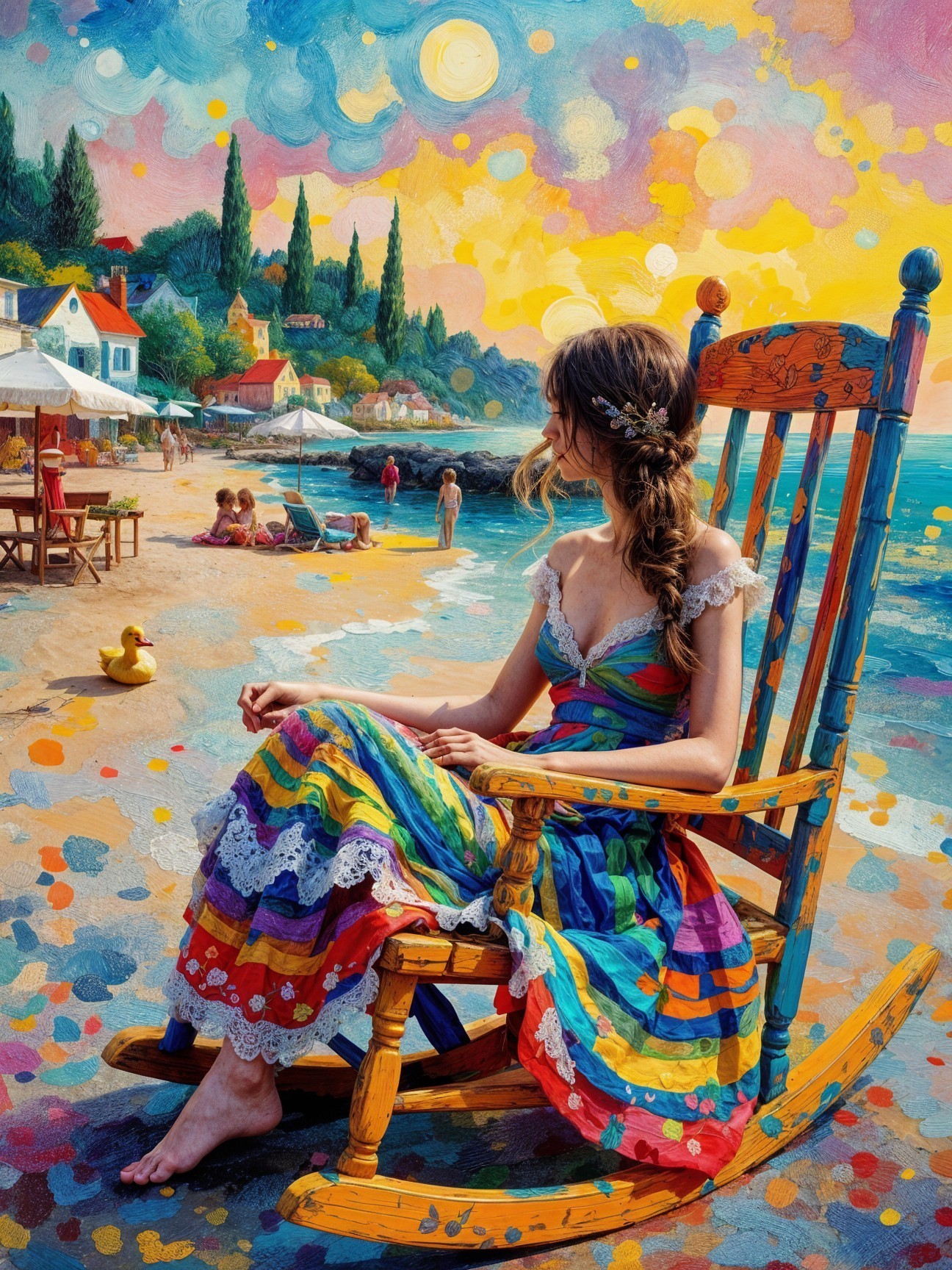 Young Woman in Colorful Dress by Beach at Sunset