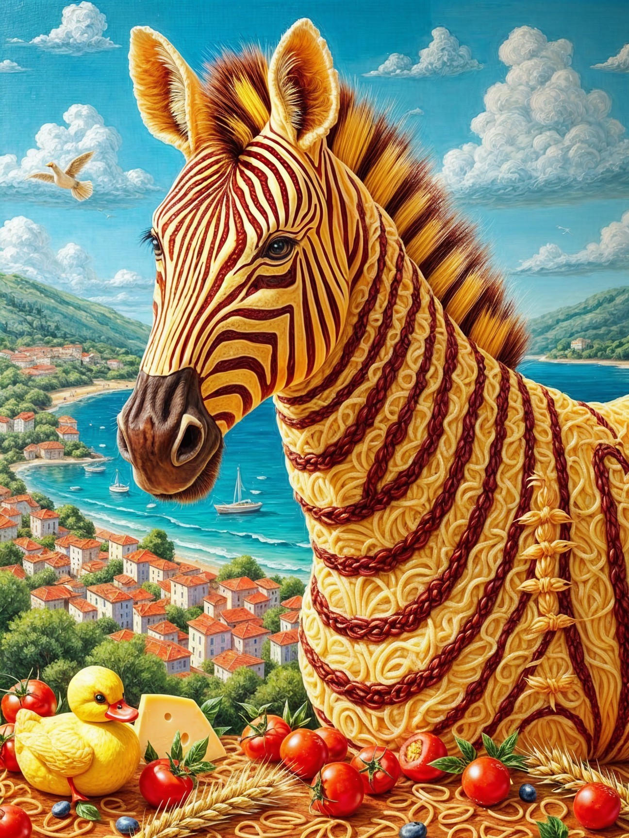 Zebra with Pasta Patterns in a Whimsical Landscape