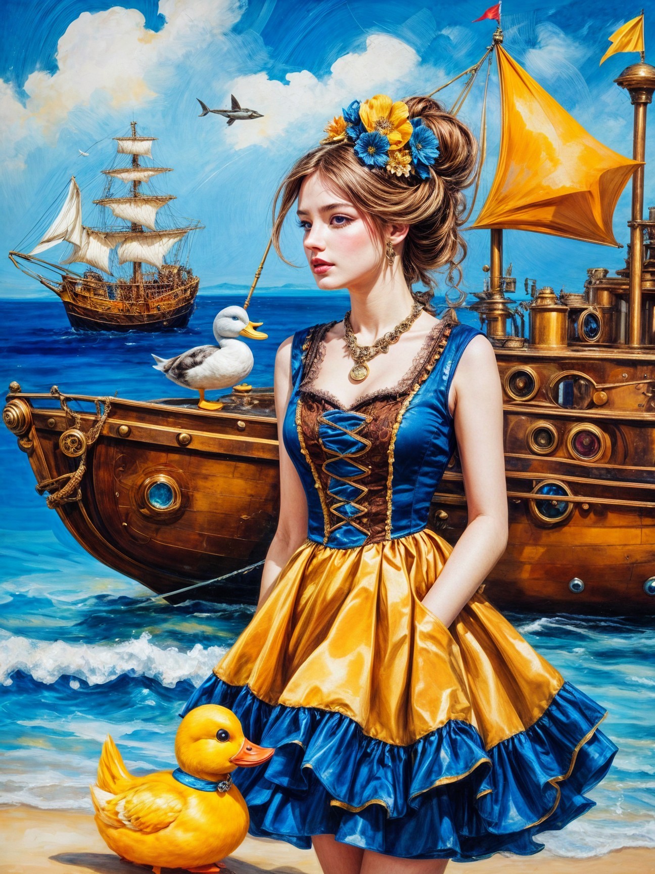 Young Woman in Blue Dress by Vibrant Seaside Scene