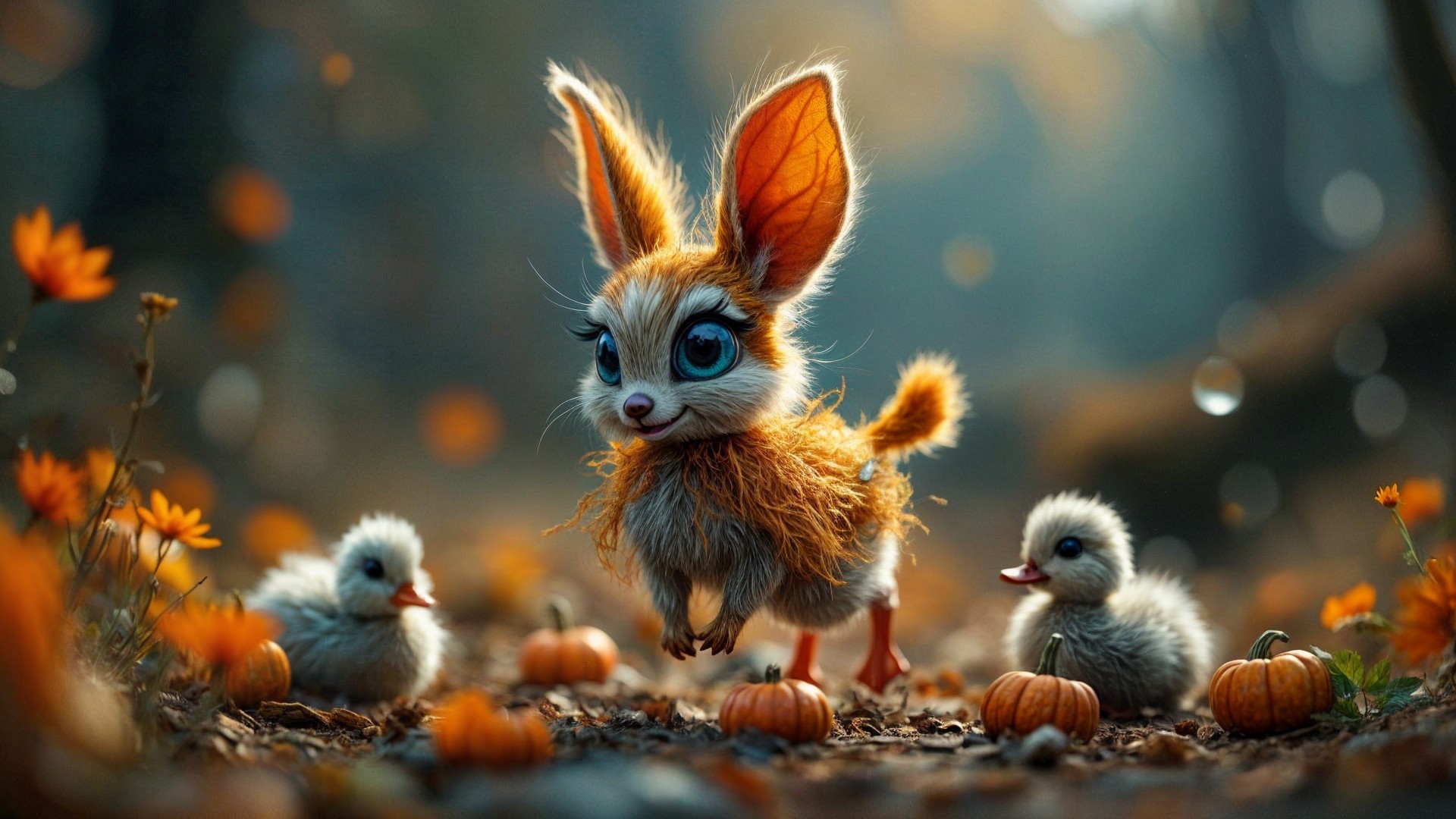 Autumn Scene with Fluffy Creature and Ducklings