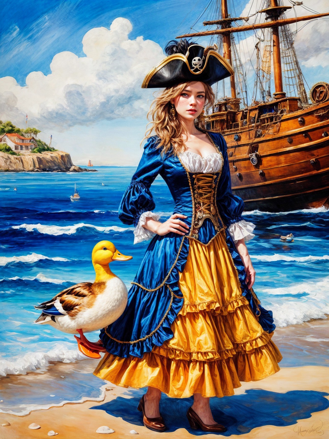 Whimsical Pirate Scene on Sandy Beach with Duck