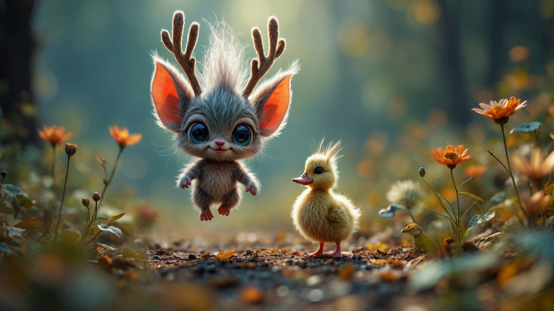 Whimsical Forest Scene with Fluffy Creature and Duckling