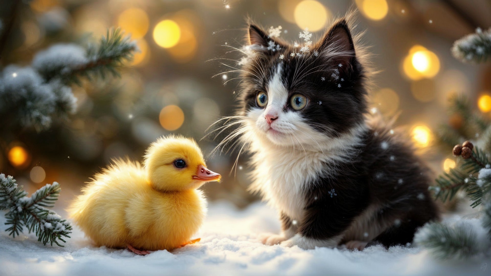 Kitten and Duckling in a Snowy Winter Scene