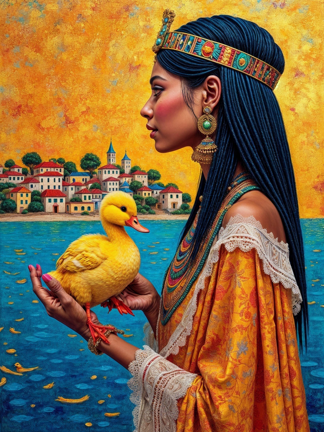 Woman with Duckling by a Colorful River Scene