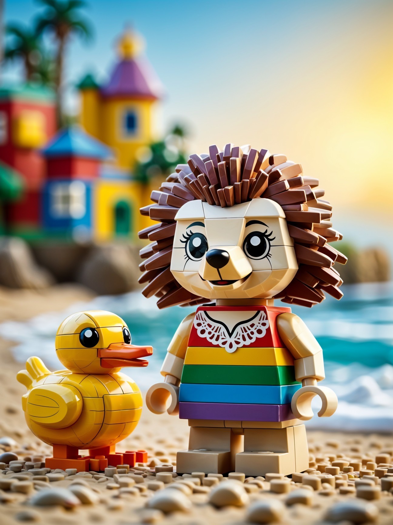 Colorful Lego Figures on a Sandy Beach at Sunset