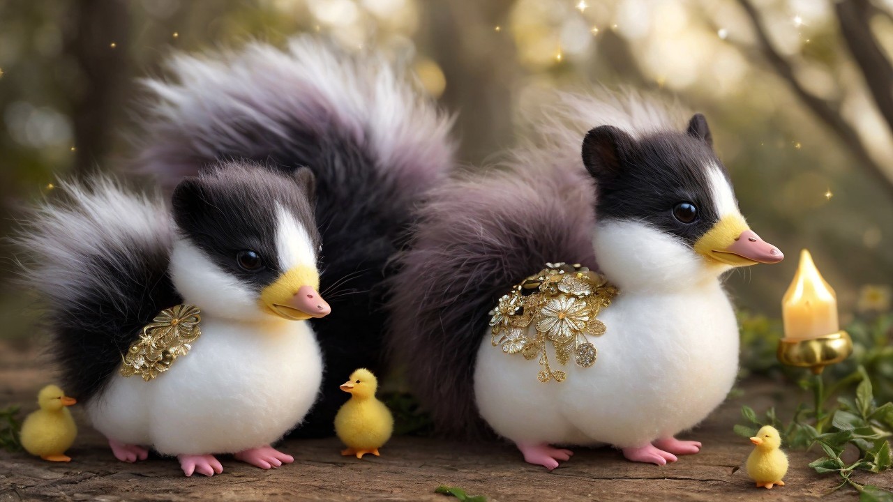 Fluffy Duck-Fox Creatures with Yellow Ducklings Outdoors