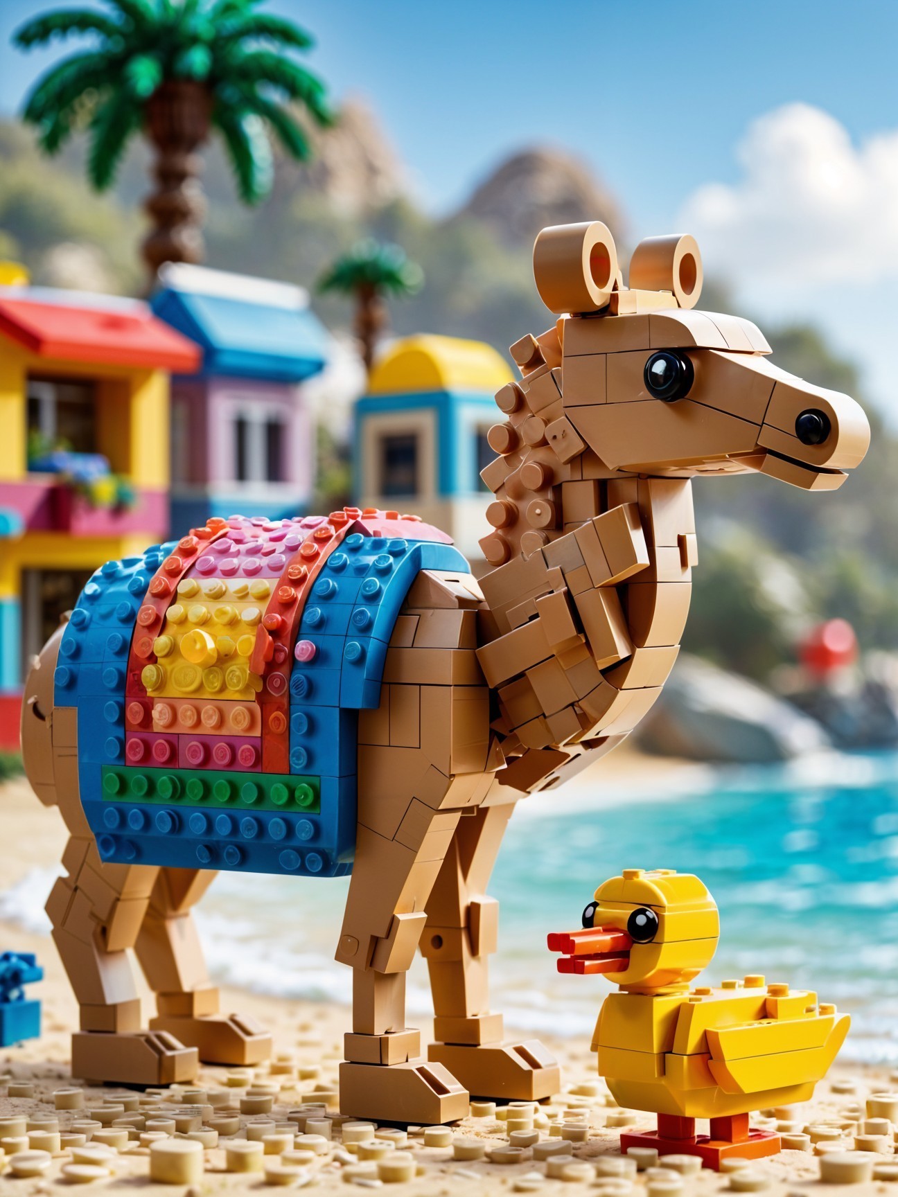 Colorful LEGO Camel and Rubber Duck at Beach Scene