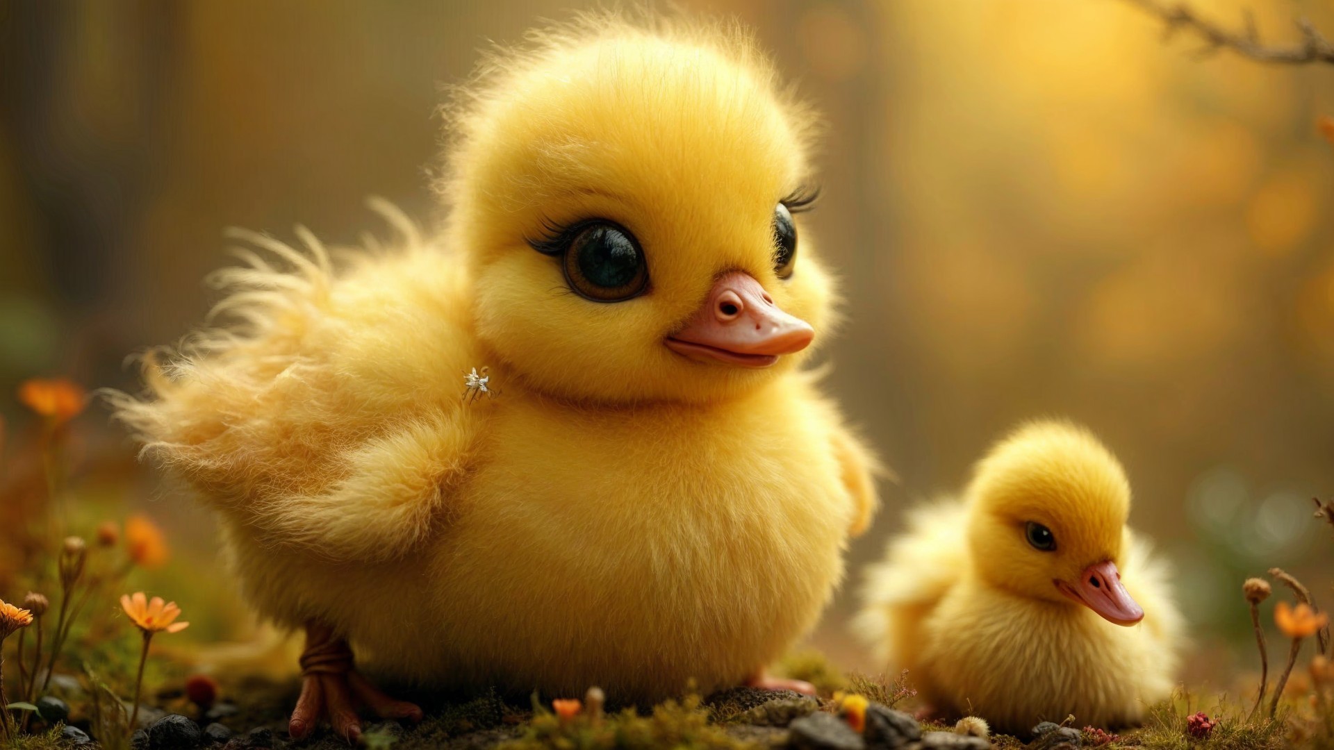 Fluffy Yellow Ducklings in a Sunlit Forest Setting