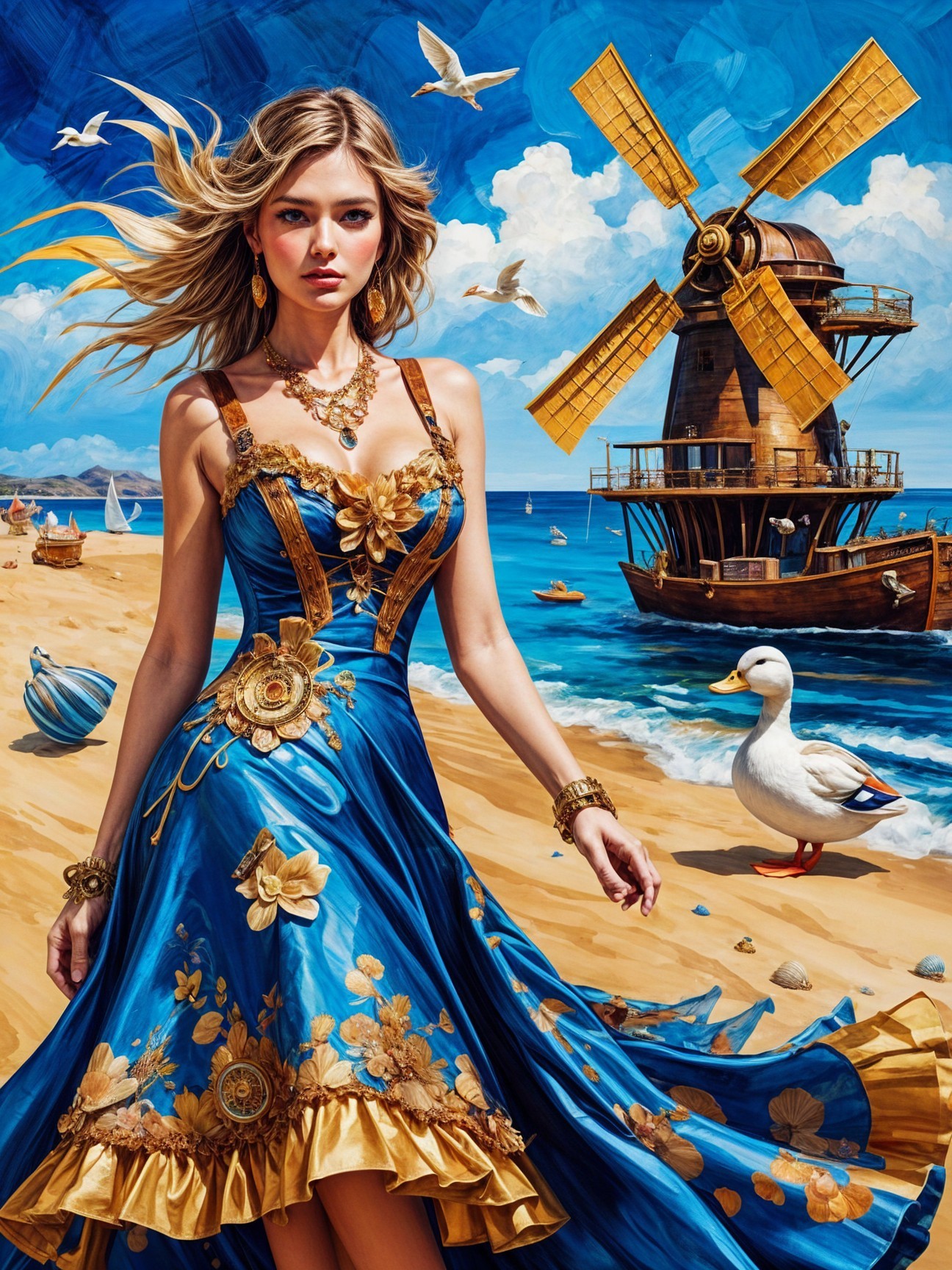 Woman in Floral Dress on Beach with Windmill and Ducks