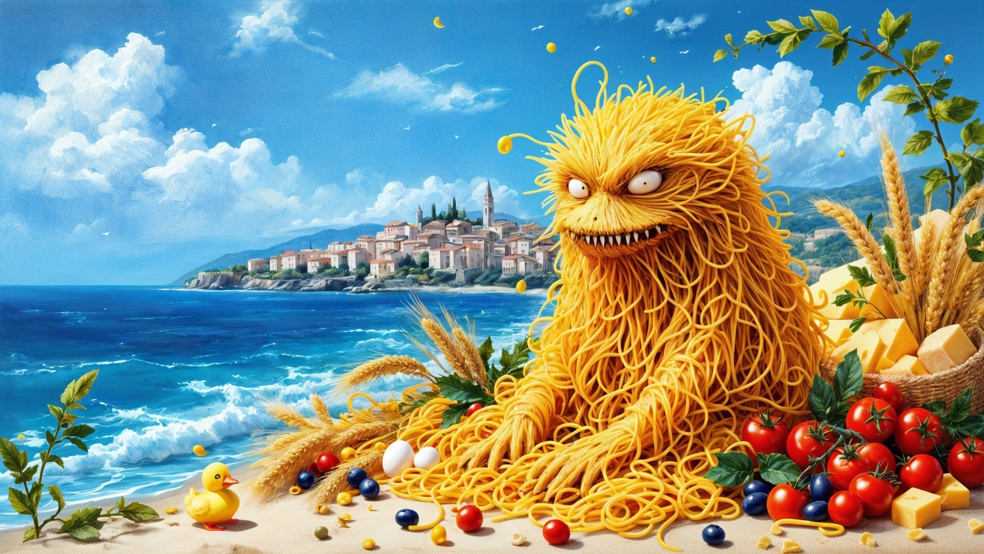 Giant Yellow Creature on a Beach with Playful Surroundings