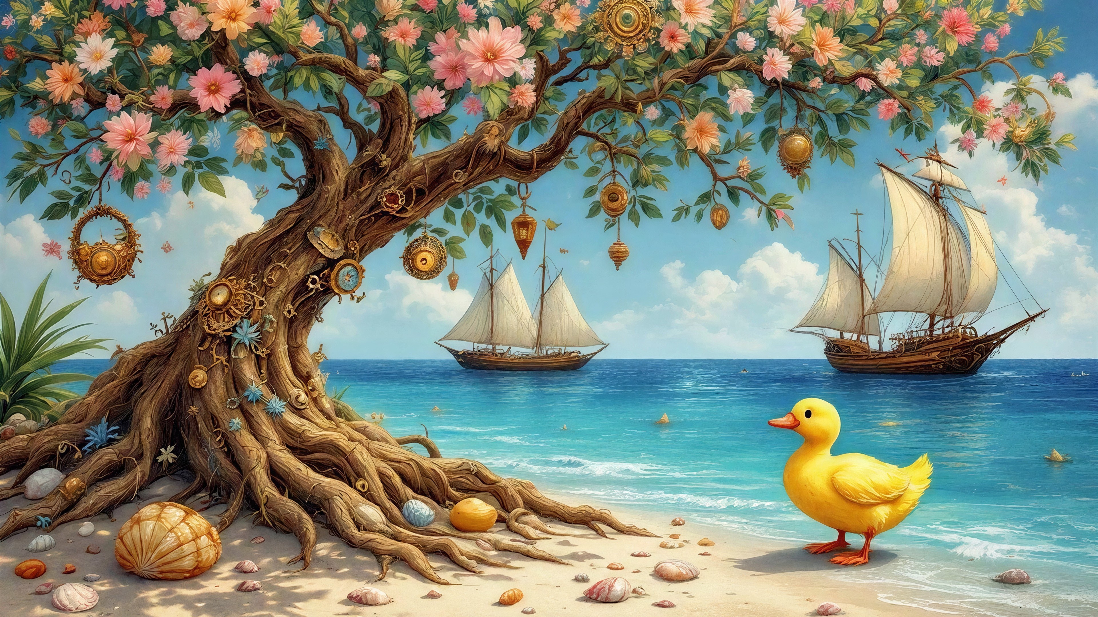 Fantasy Tree on Beach with Sailboats and Duck