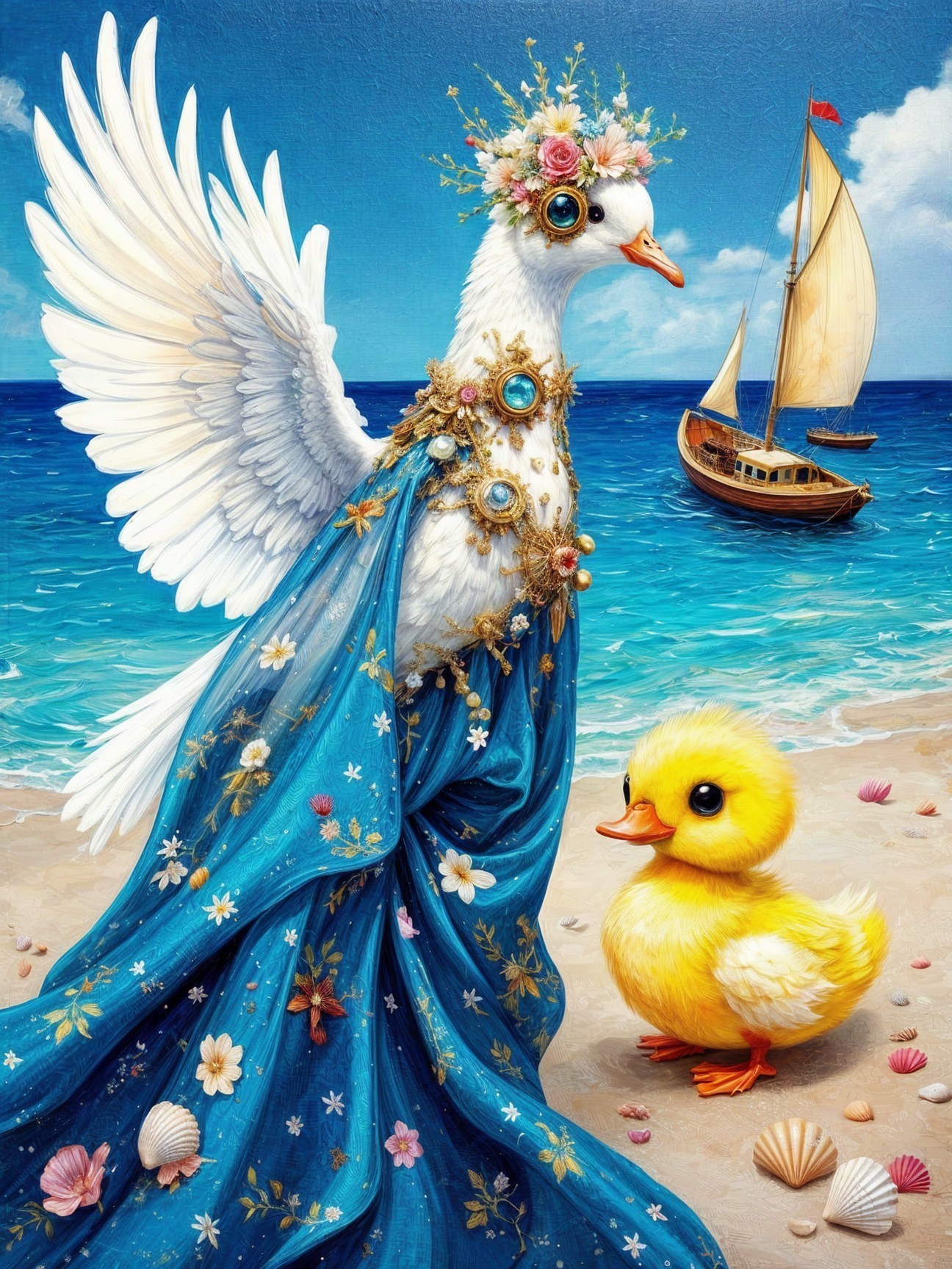 Whimsical Beach Scene with Swan and Duckling