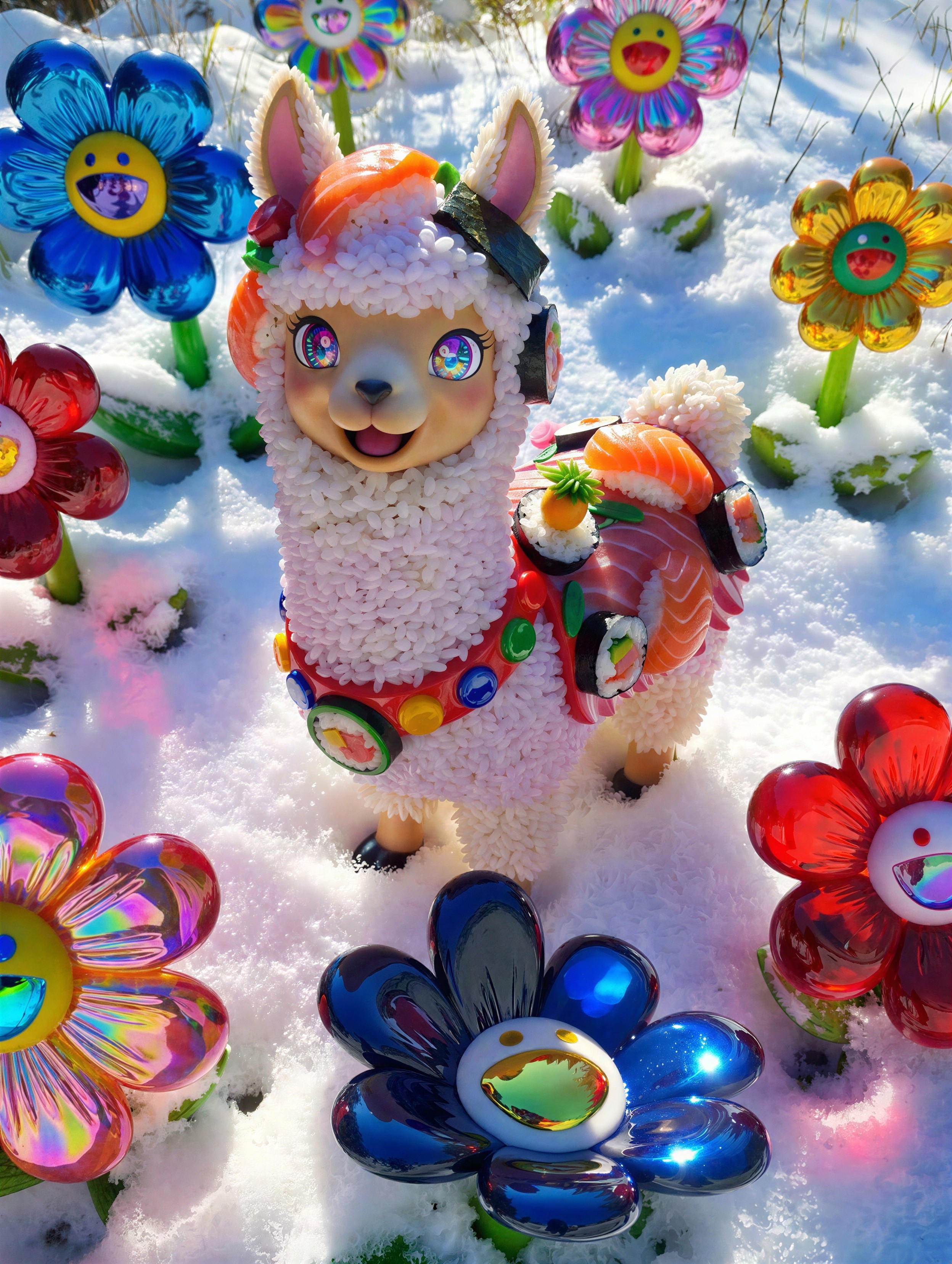 Baby Panda Llama Made of Rice Surrounded by Flowers