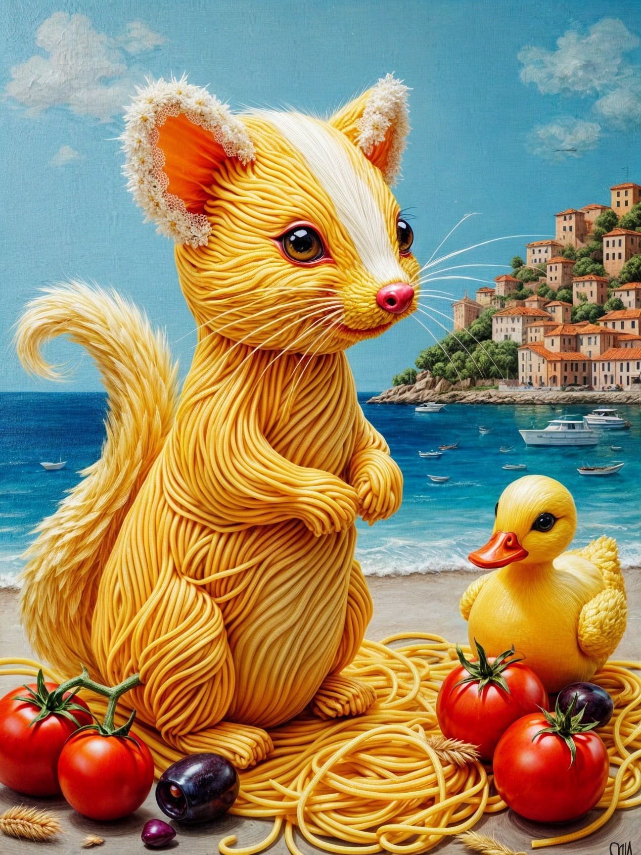 Whimsical Scene with Spaghetti Cat and Rubber Duck