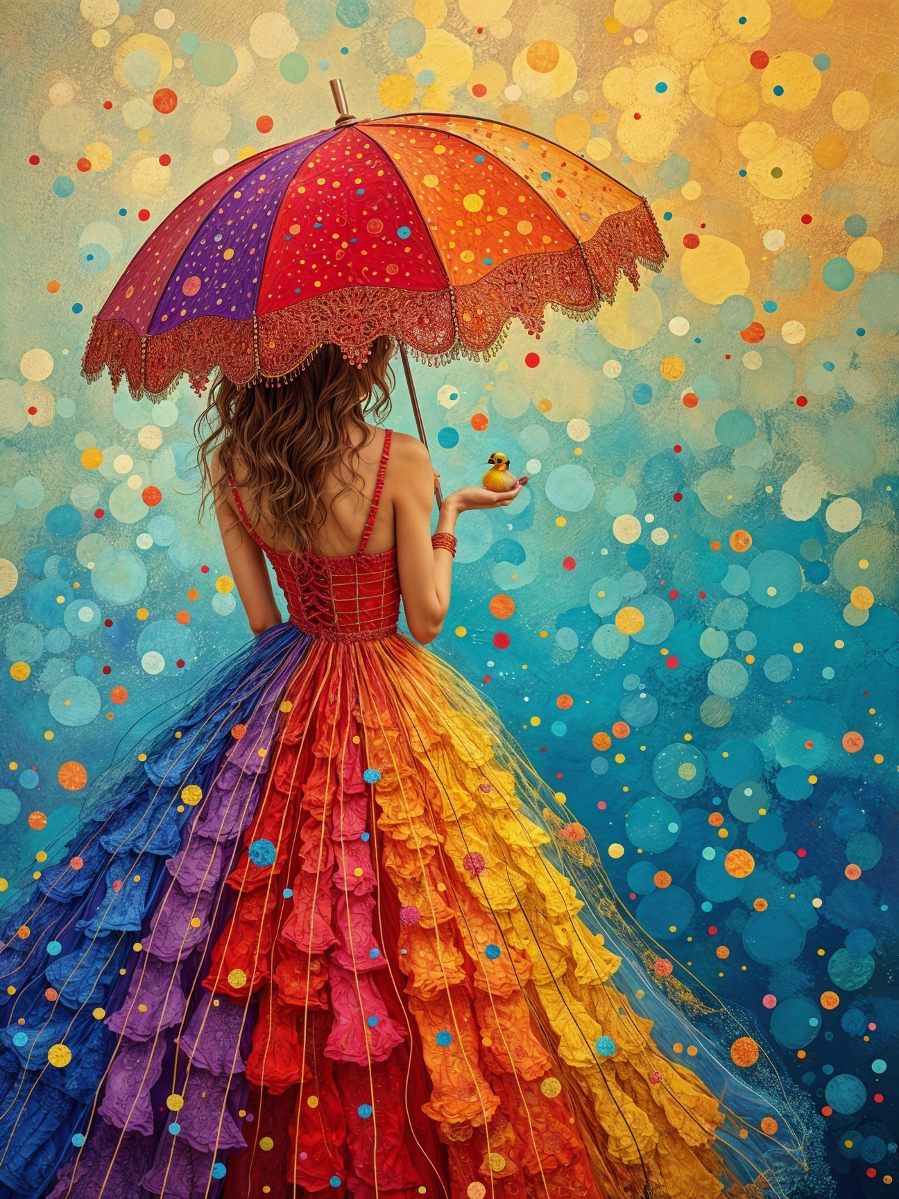 Vibrant Gown and Umbrella in Whimsical Setting