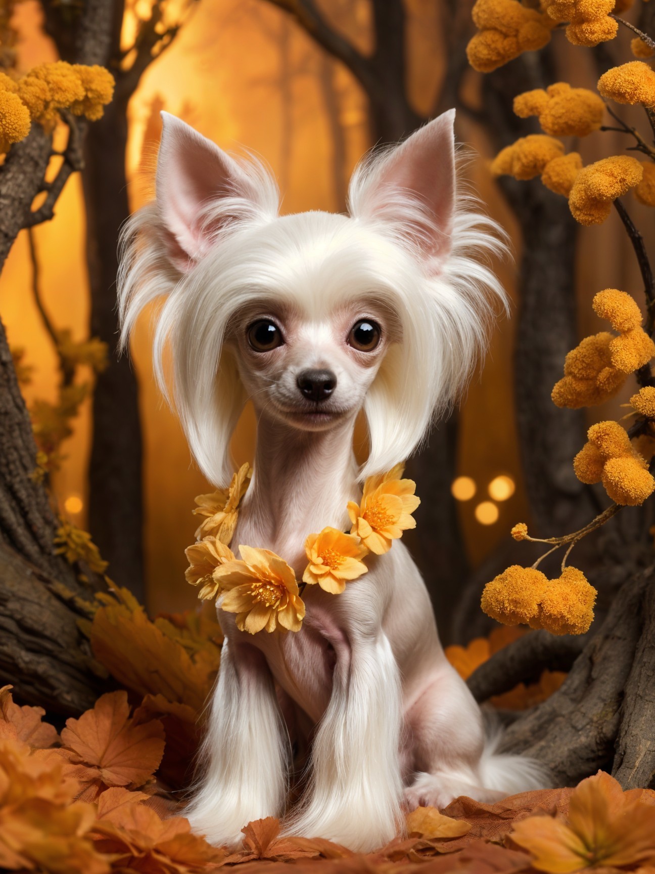 White Chinese Crested Dog in Autumn Leaves and Flowers