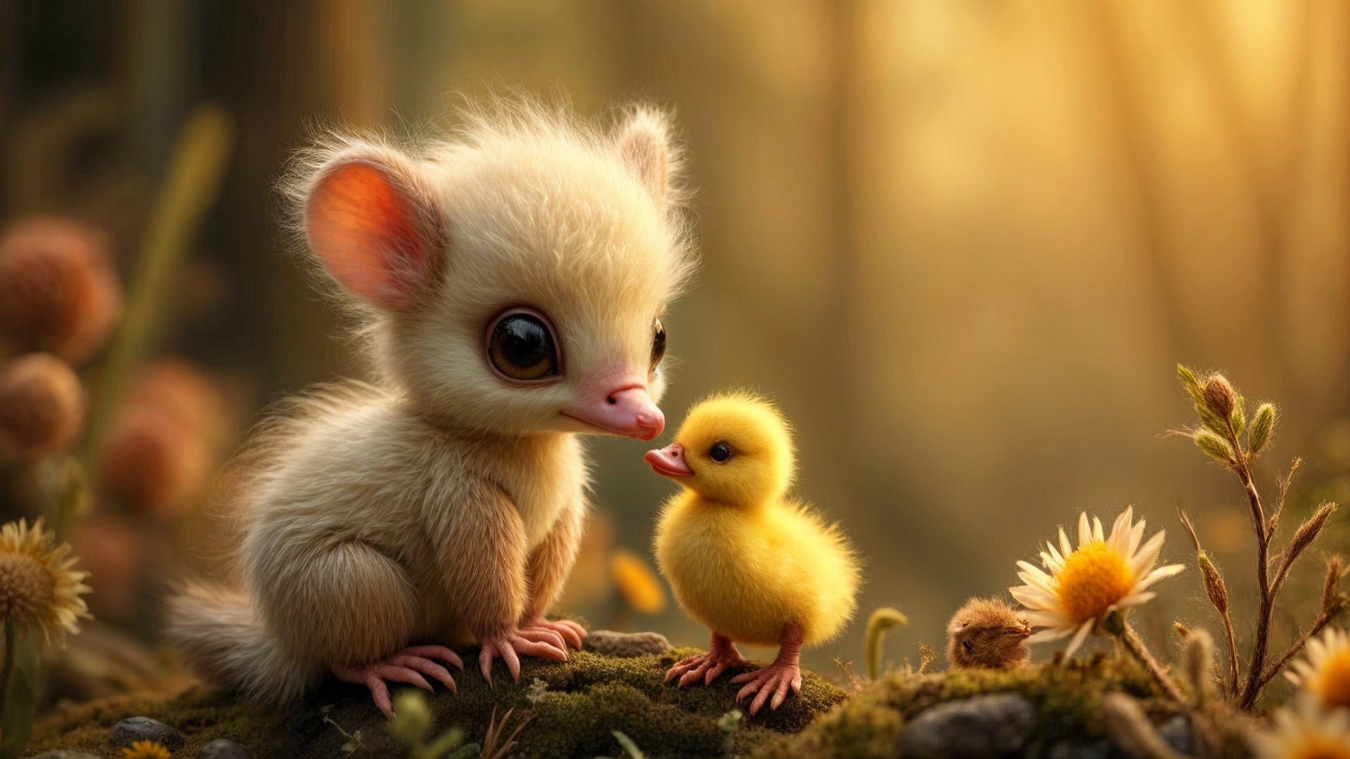 Fluffy Creature and Duckling in Sunlit Forest Setting