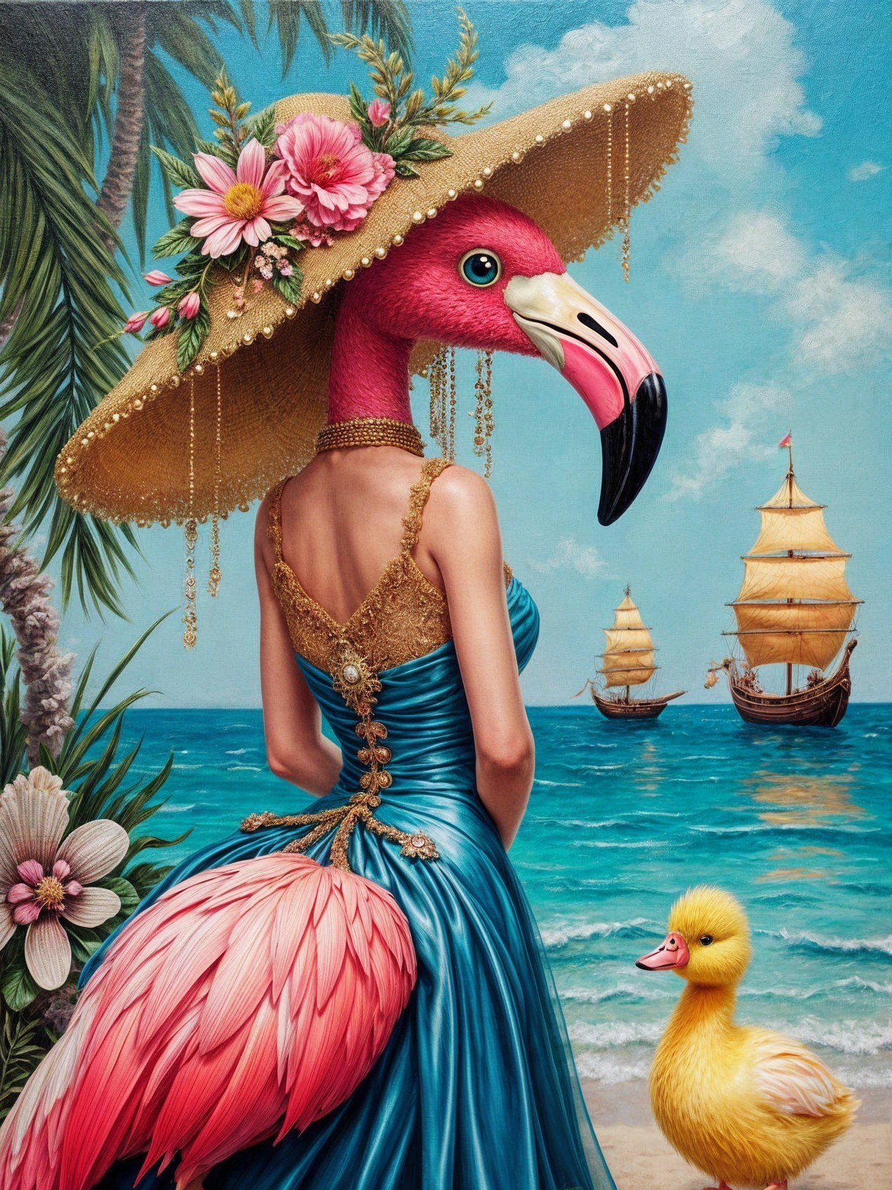 Whimsical Flamingo-Head Figure on Beach Scene