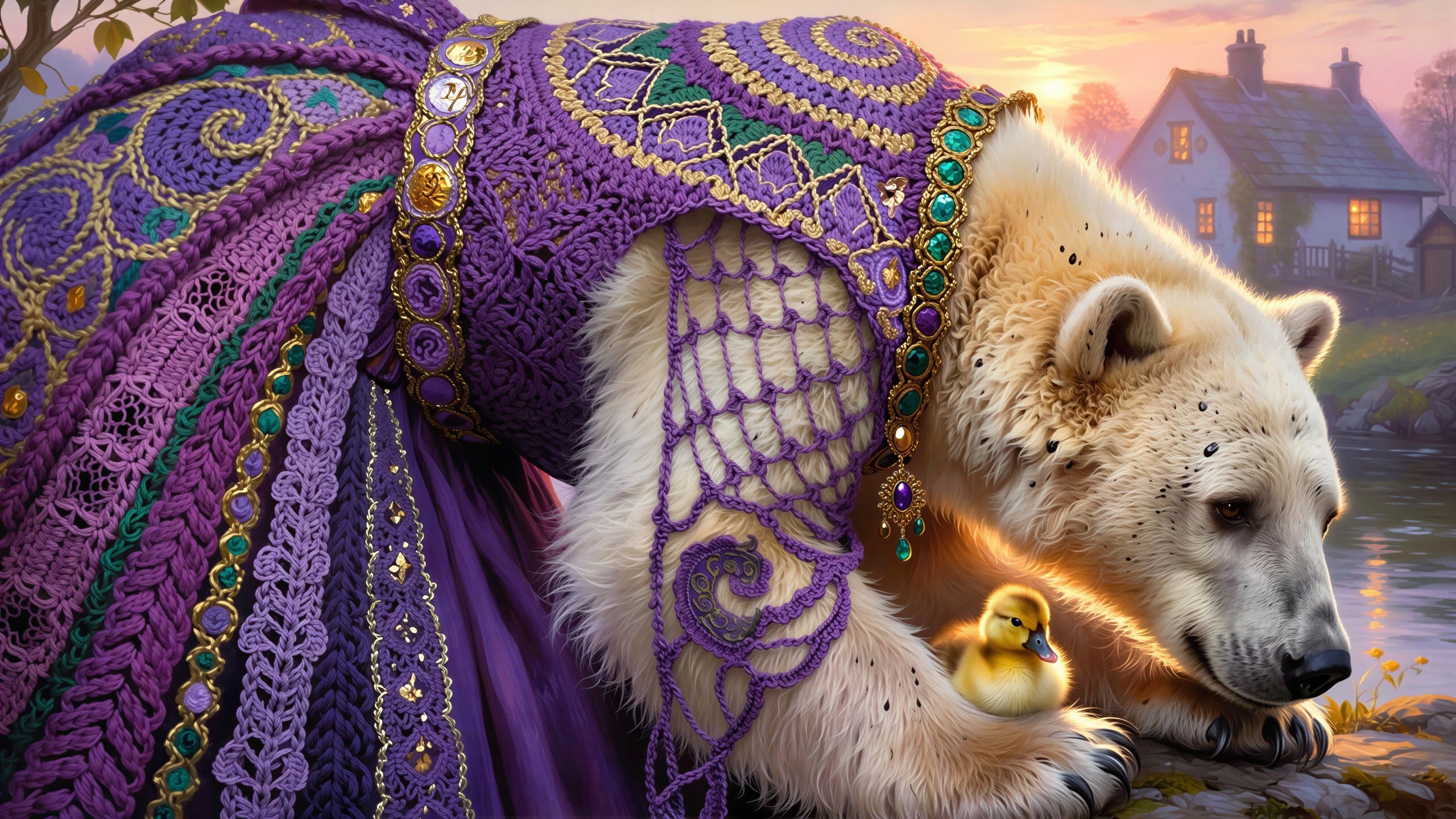 Polar bear in purple tunic by river at sunset