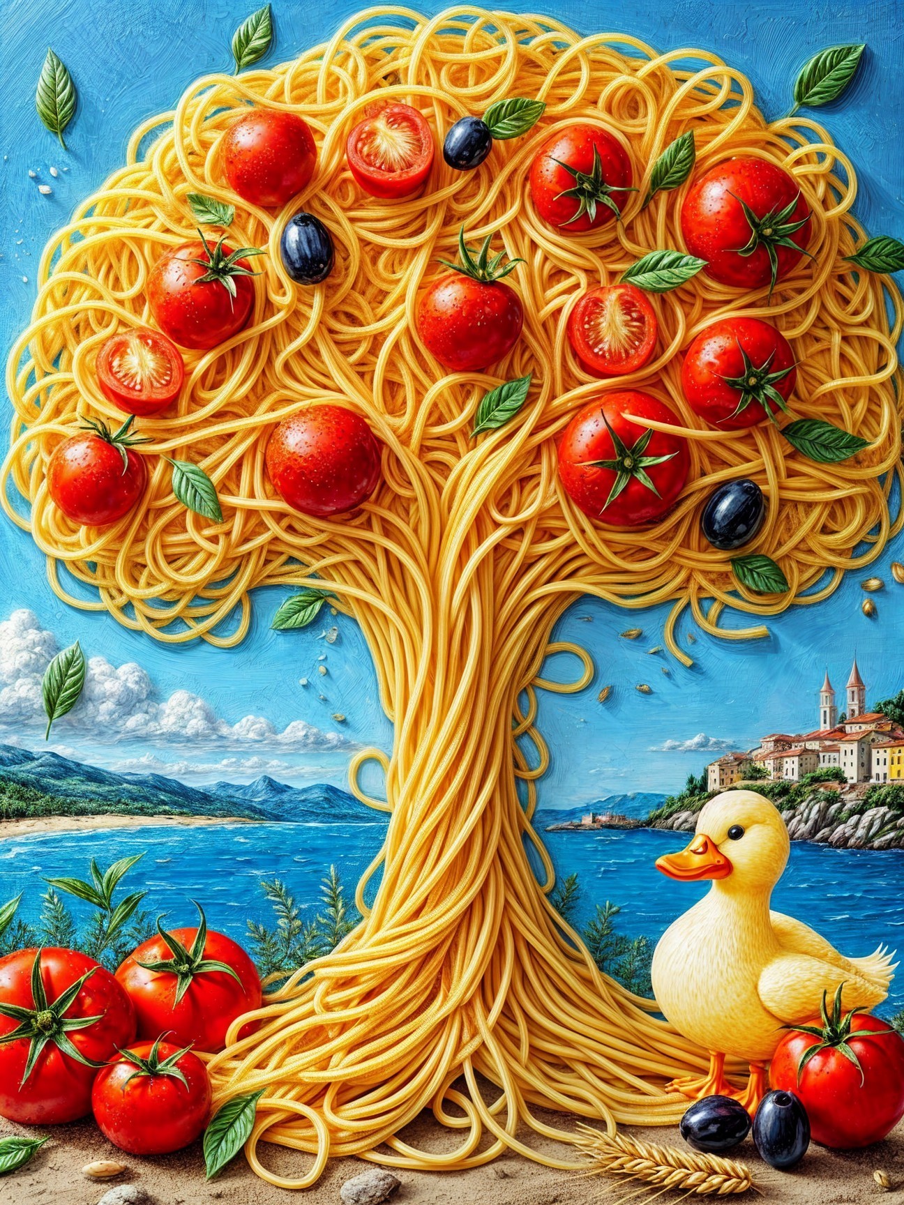 Whimsical Landscape with Spaghetti Tree and Duck