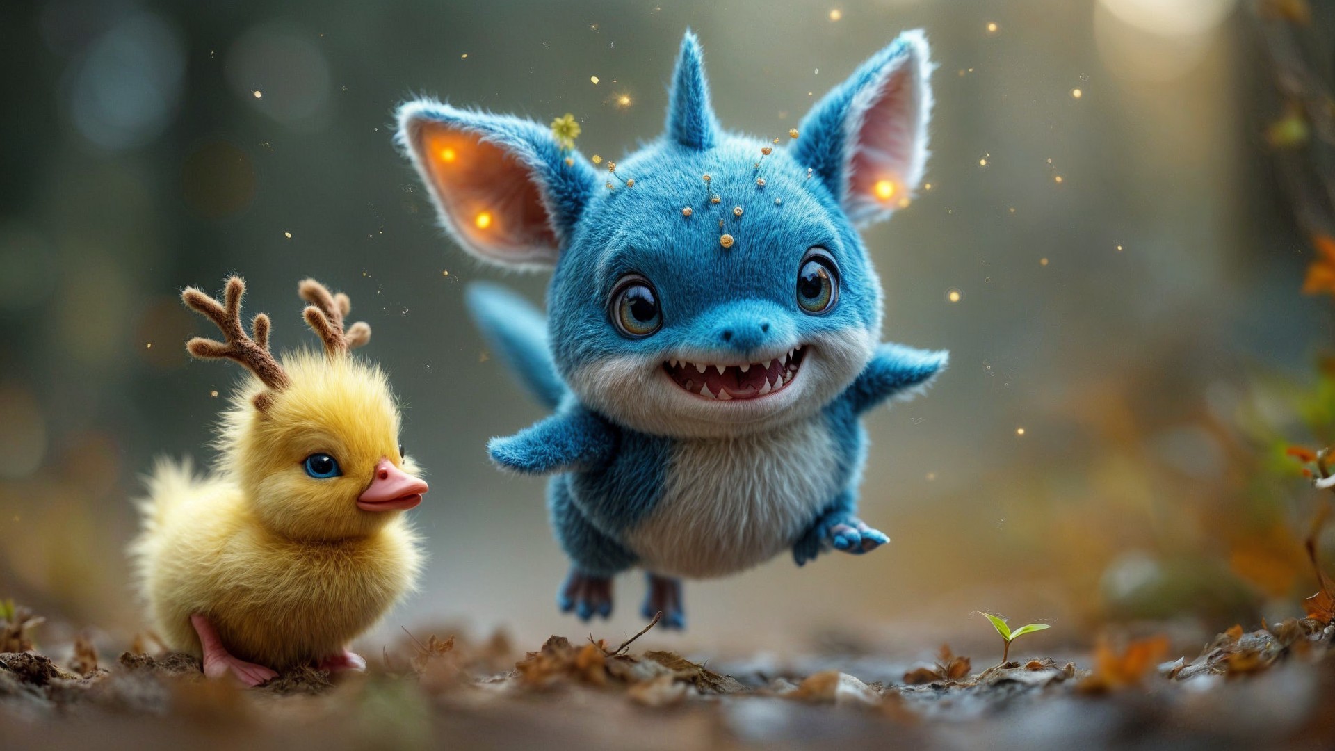 Cheerful Blue Creature and Yellow Chick in Magical Forest