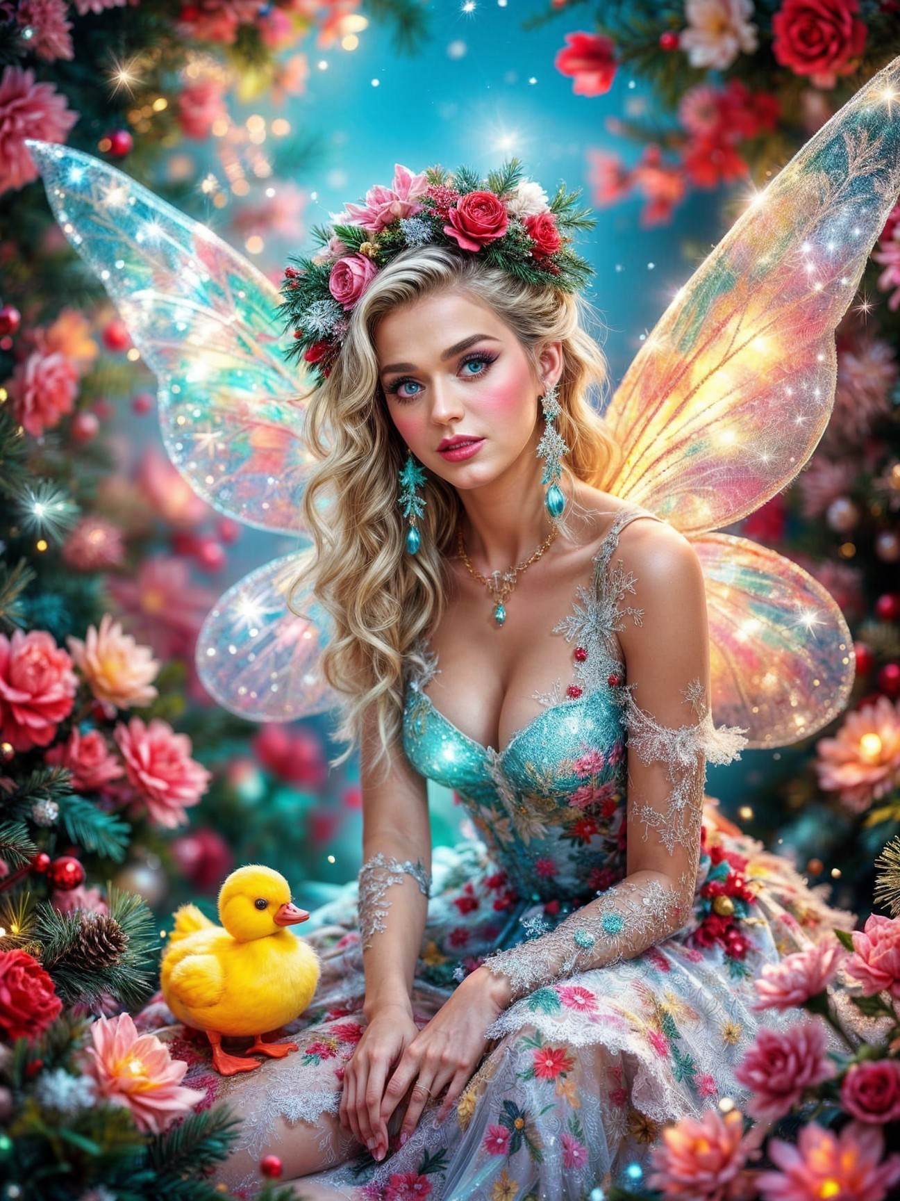 Fairy with Sparkling Wings Seated Among Flowers