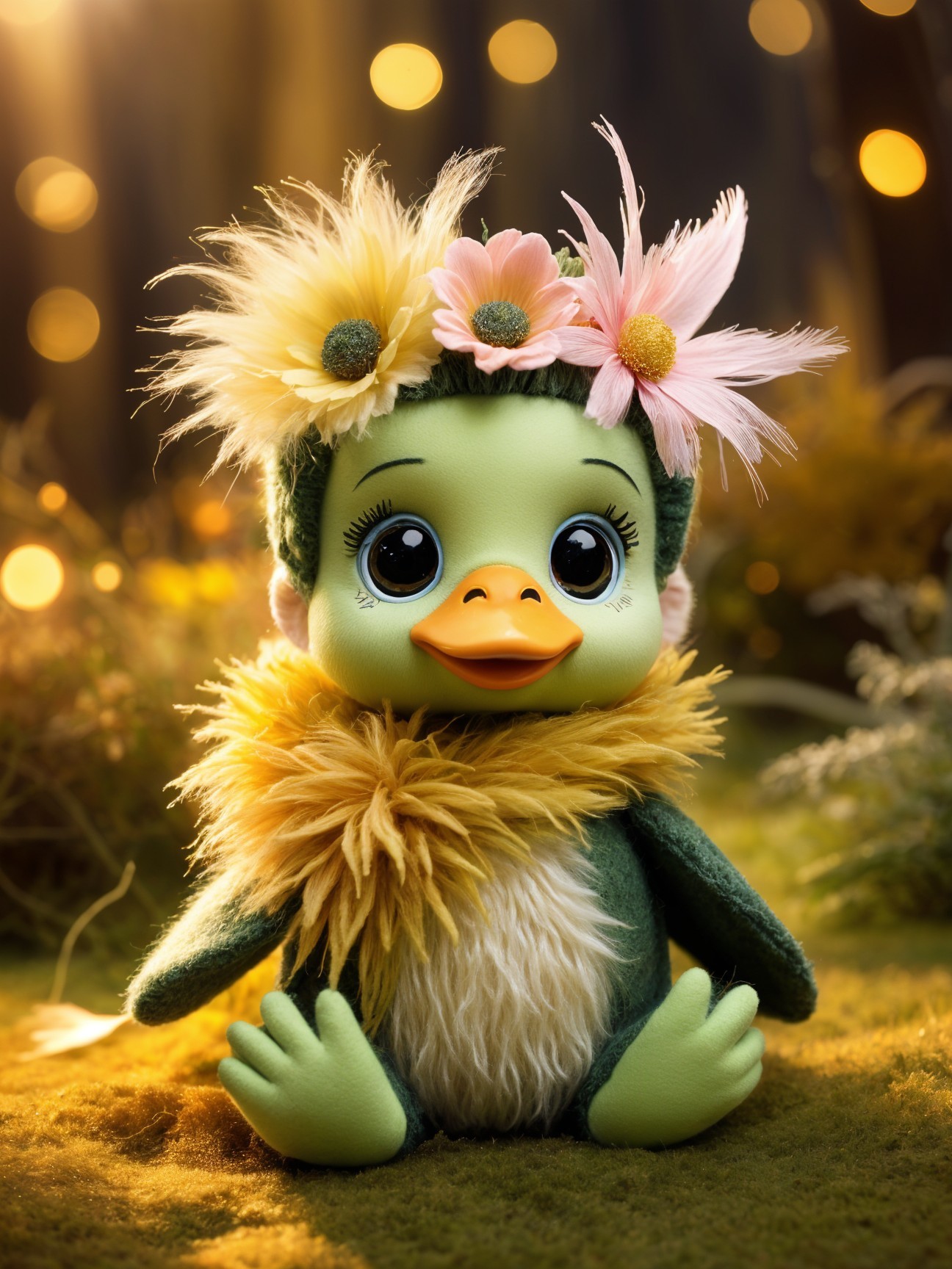 Whimsical Bird Plush Doll in Enchanting Forest Setting