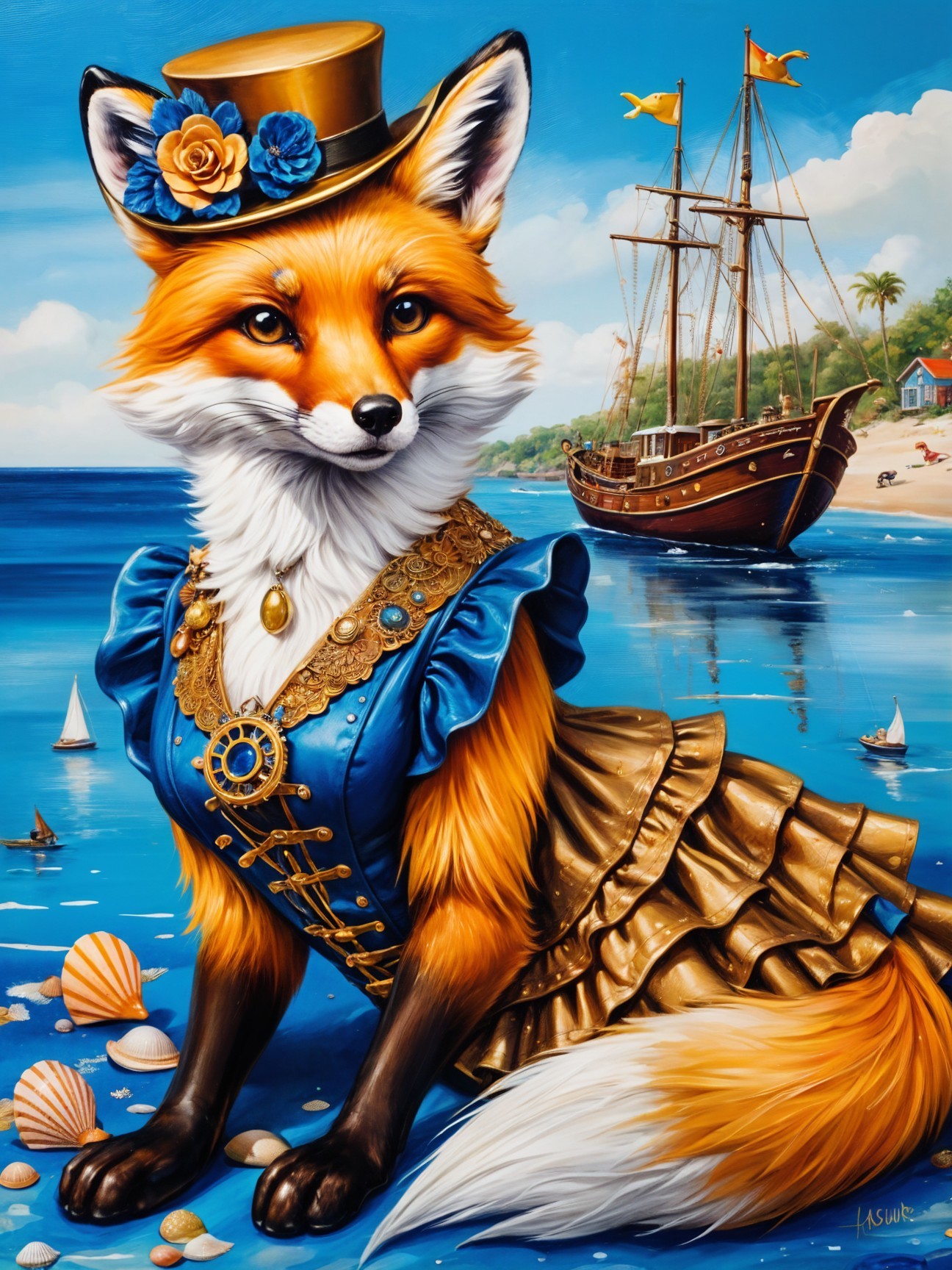 Whimsical fox in blue dress on a beach scene