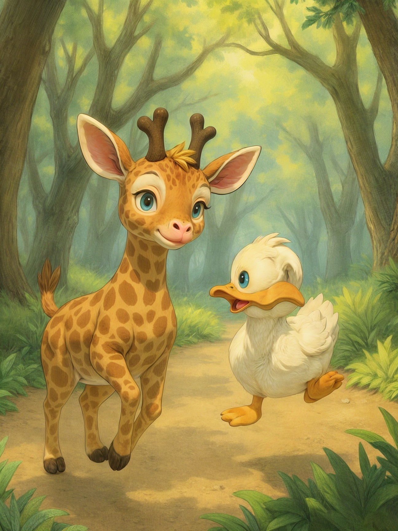 Young Giraffe and Duckling in a Serene Forest Path
