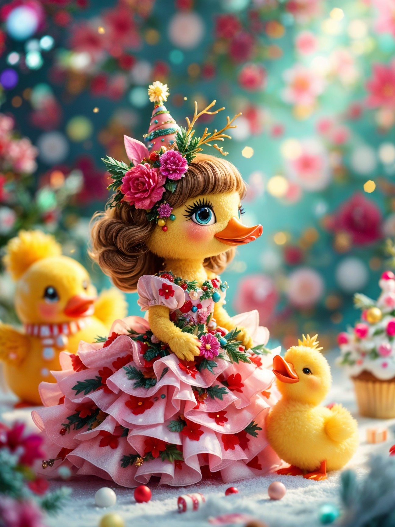 Charming Duck Doll in Festive Dress with Ducklings