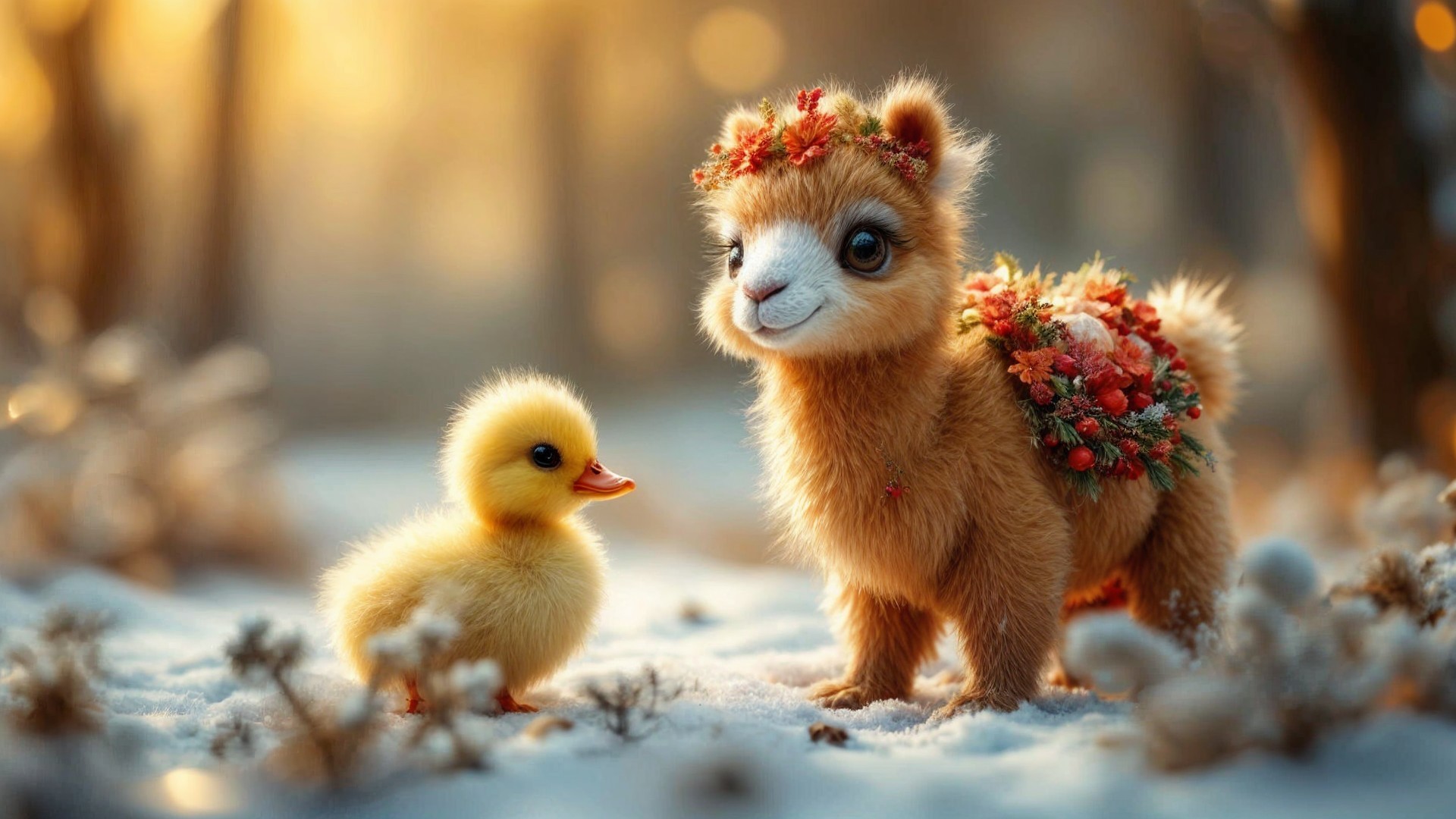 Whimsical Winter Scene with Llama and Duckling